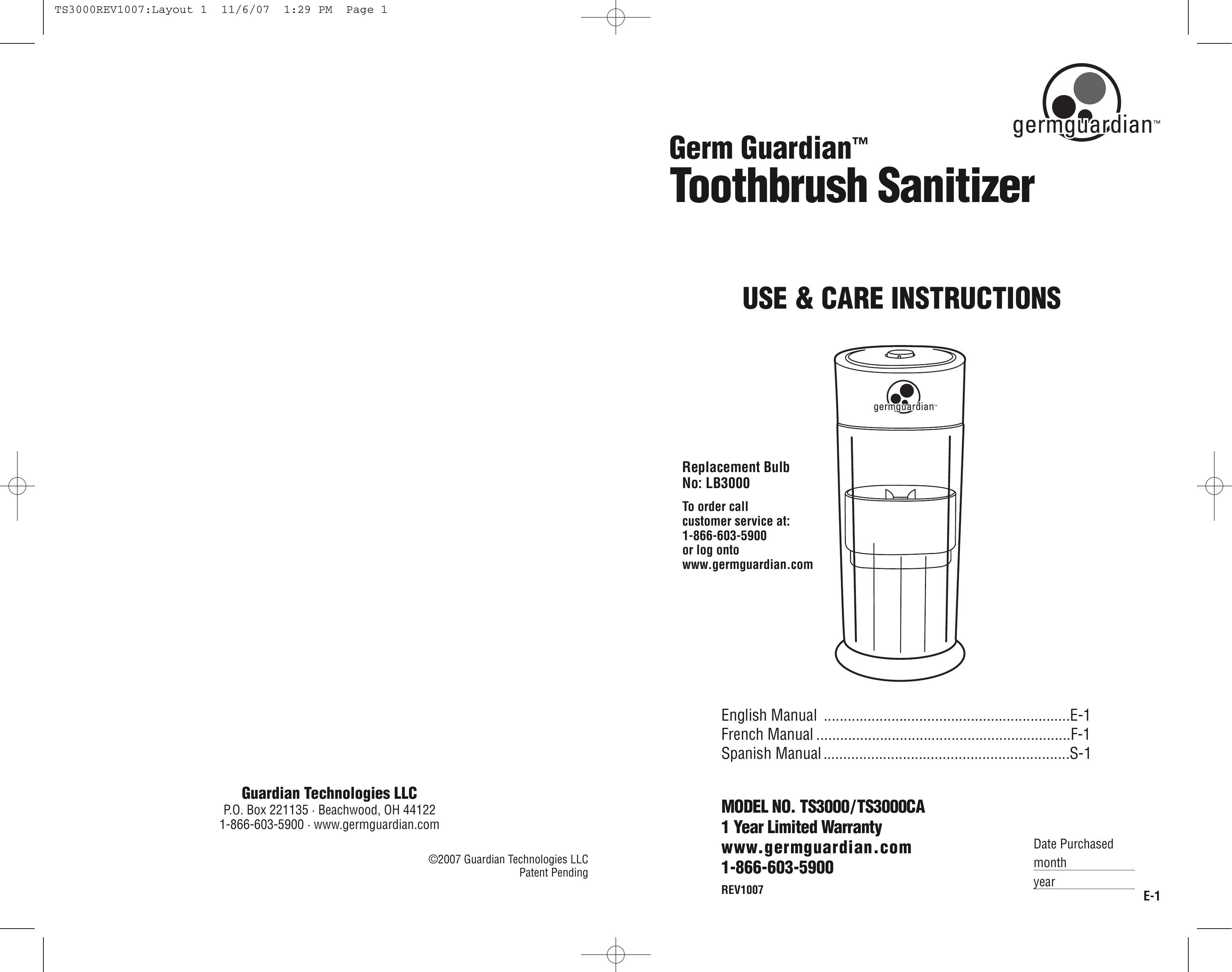 Guardian Technologies TS3000 Electric Toothbrush User Manual