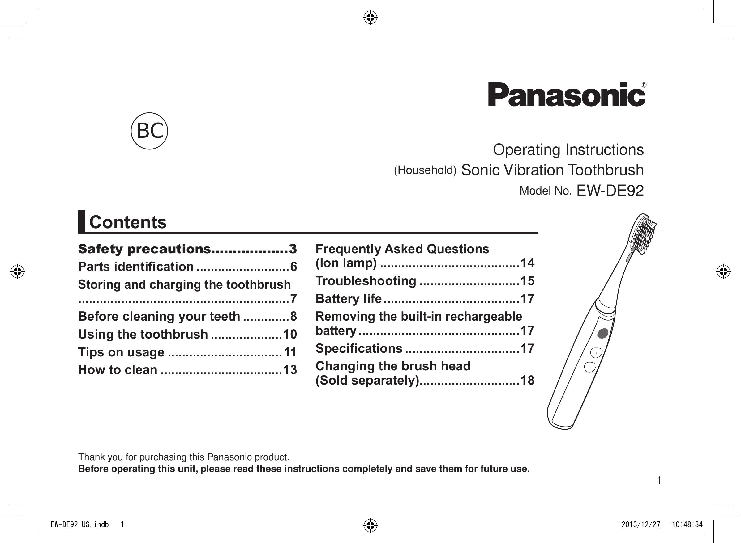 Panasonic EW-DE92 Electric Toothbrush User Manual
