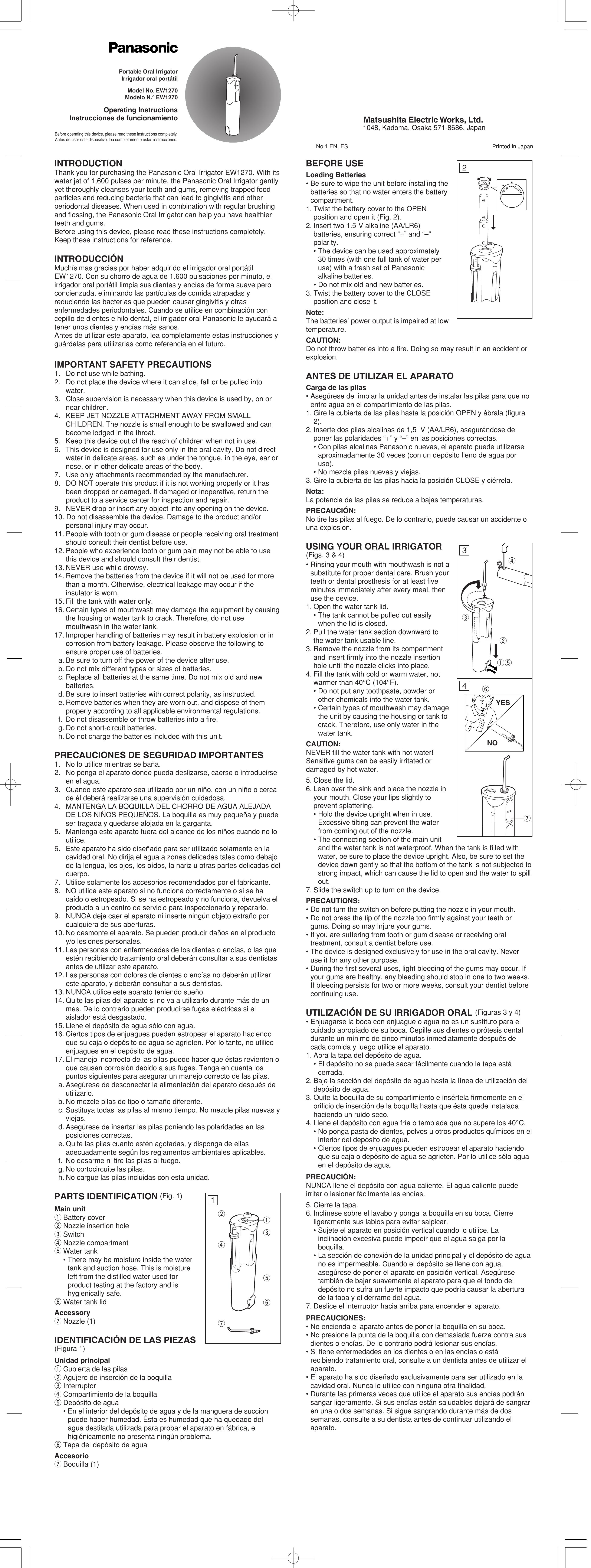 Panasonic oral irrigator Electric Toothbrush User Manual