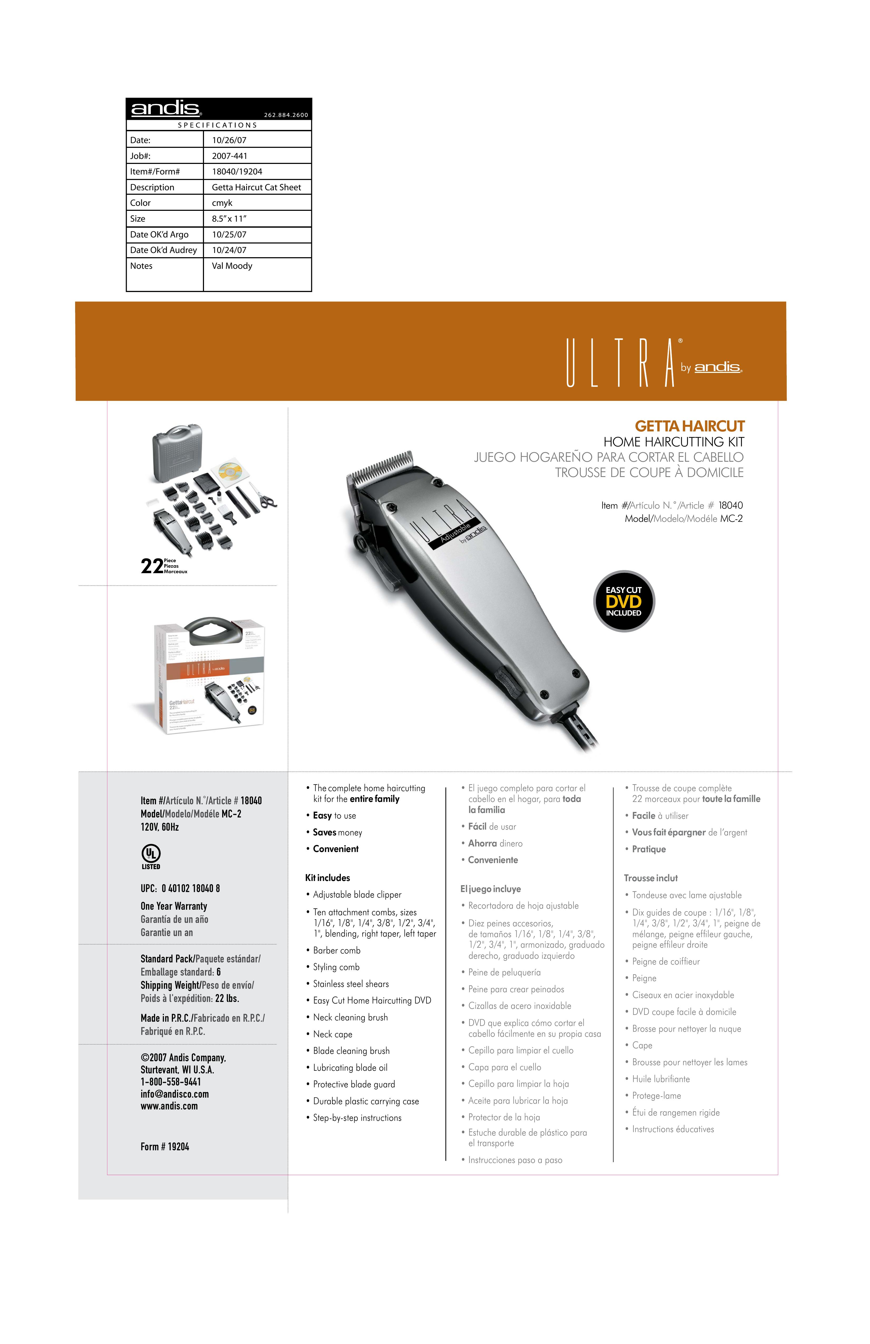 Andis Company 18040 Hair Clippers User Manual