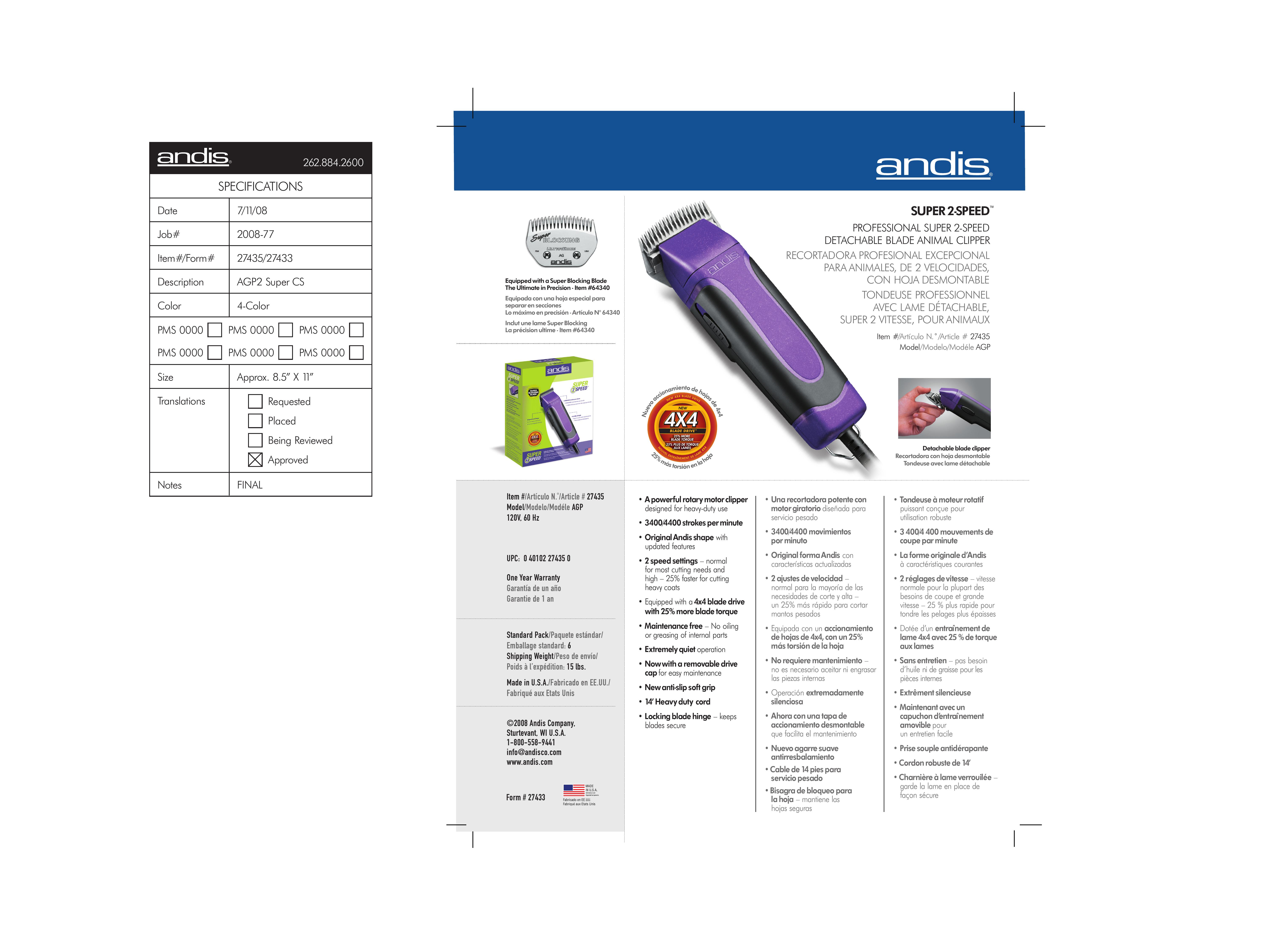 Andis Company AGP Hair Clippers User Manual