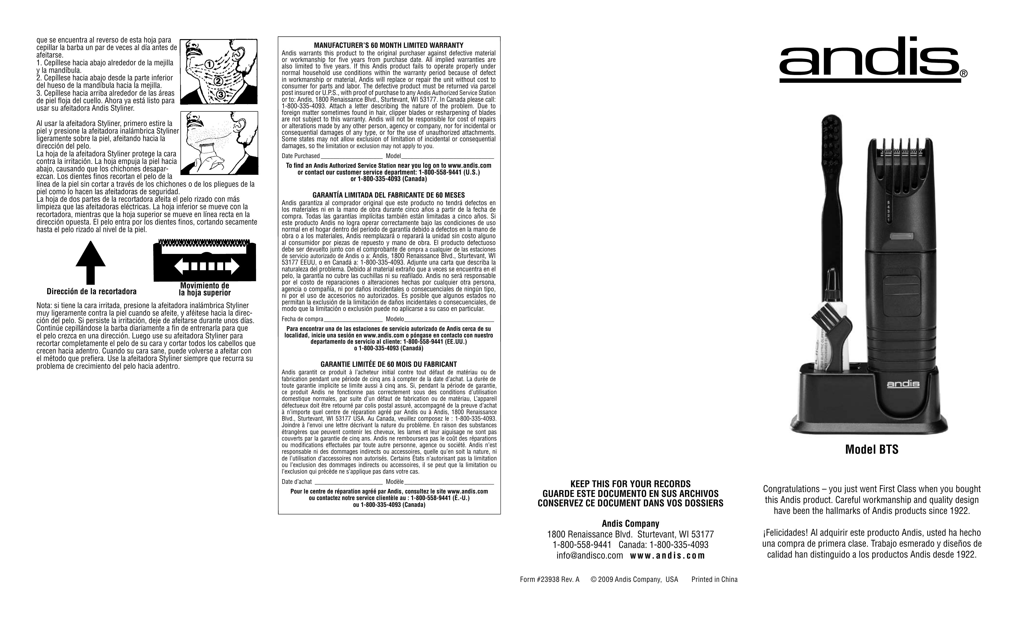 Andis Company BTS Hair Clippers User Manual