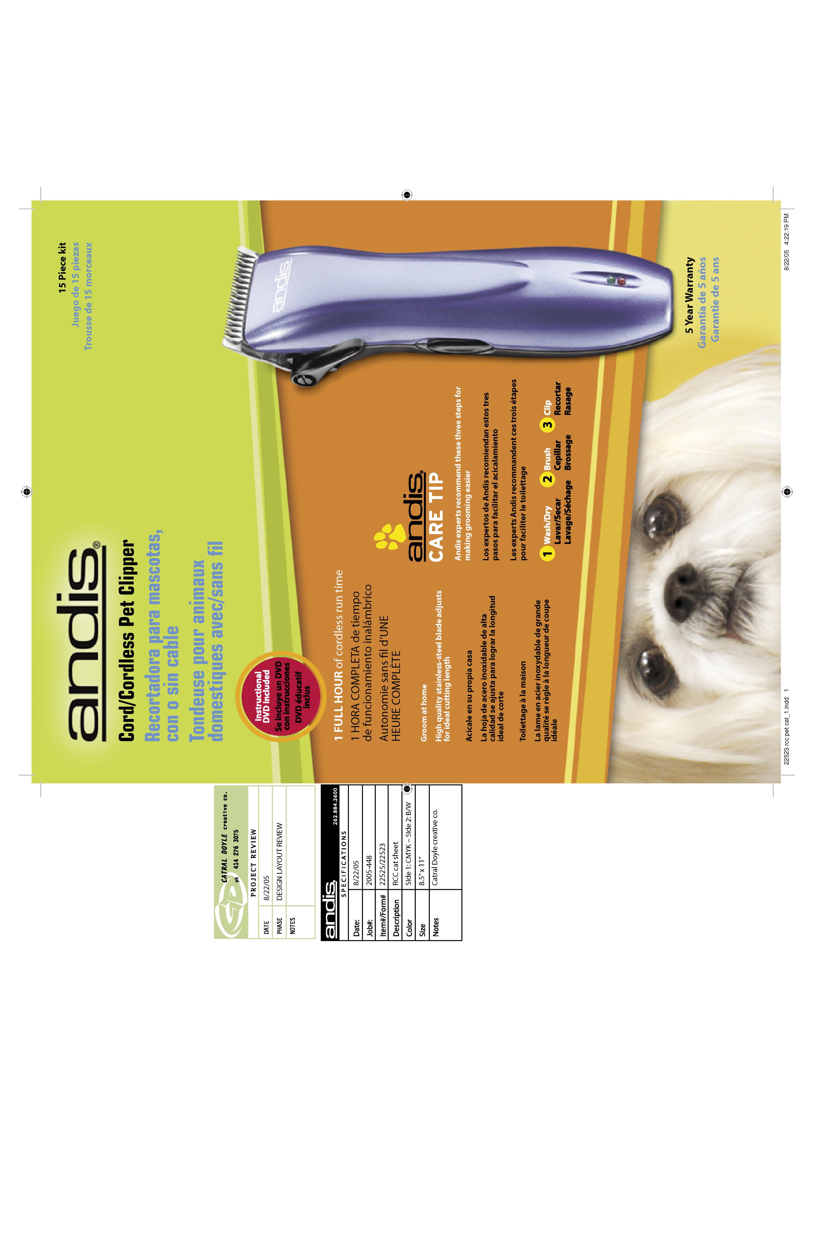 Andis Company Cord/Cordless Pet Clipper Hair Clippers User Manual
