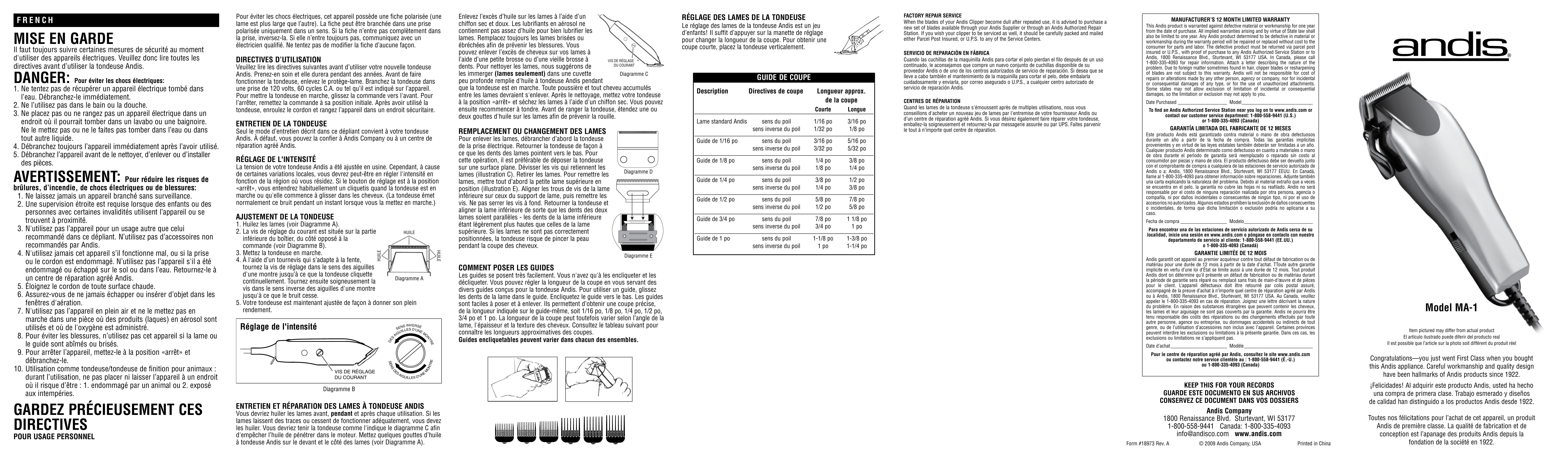 Andis Company MA-1 Hair Clippers User Manual