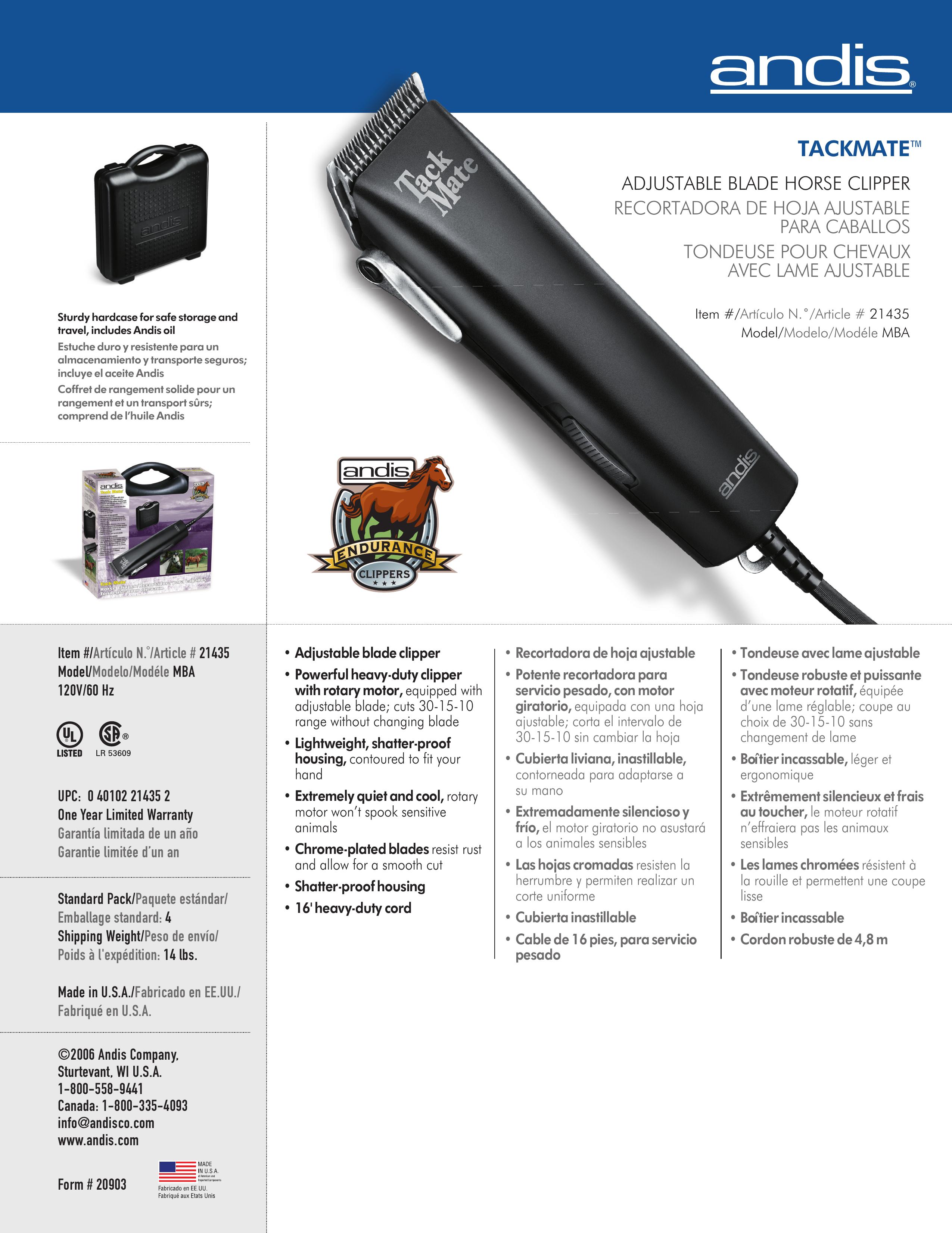 Andis Company MBA 120V/60 Hz Hair Clippers User Manual