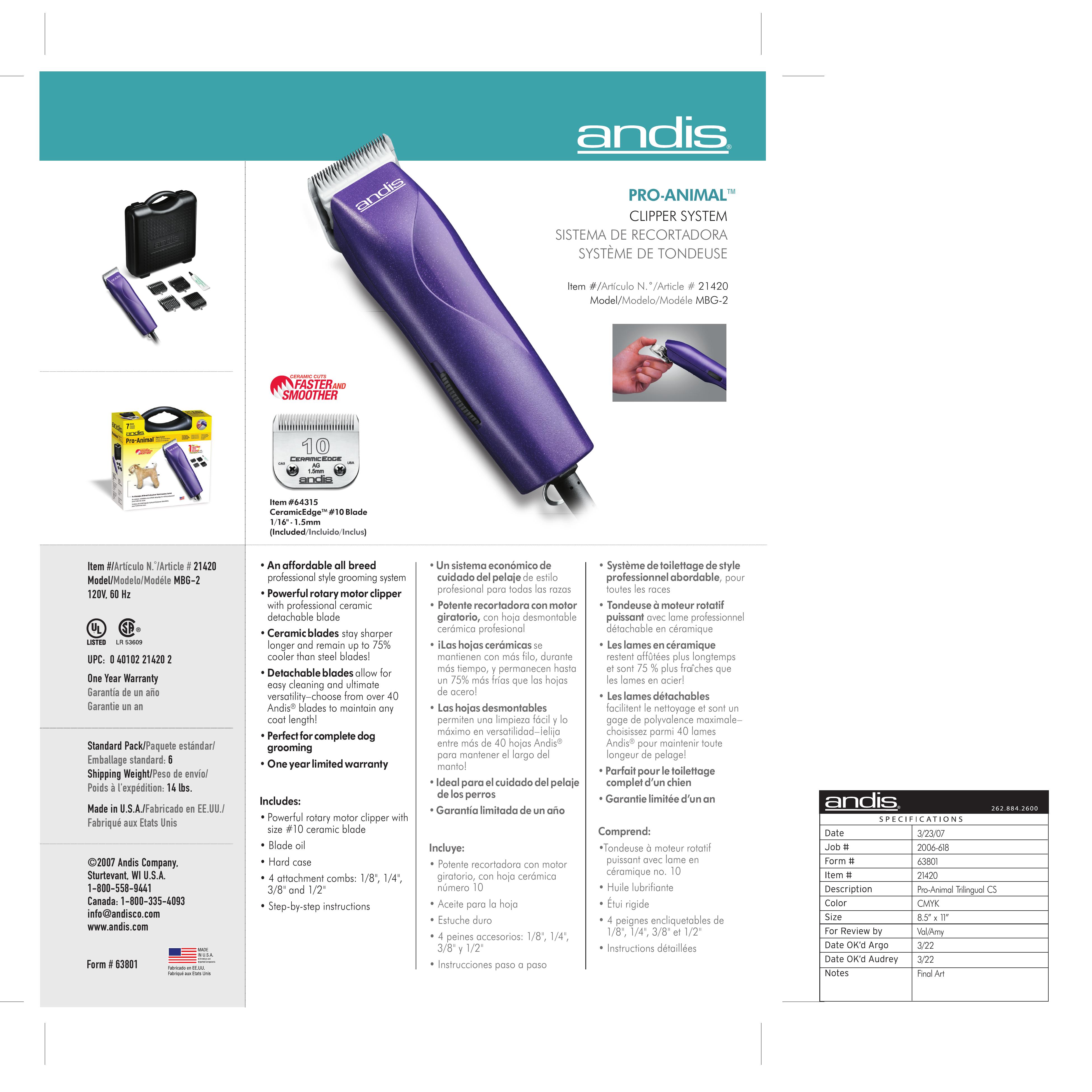 Andis Company MBG-2 Hair Clippers User Manual