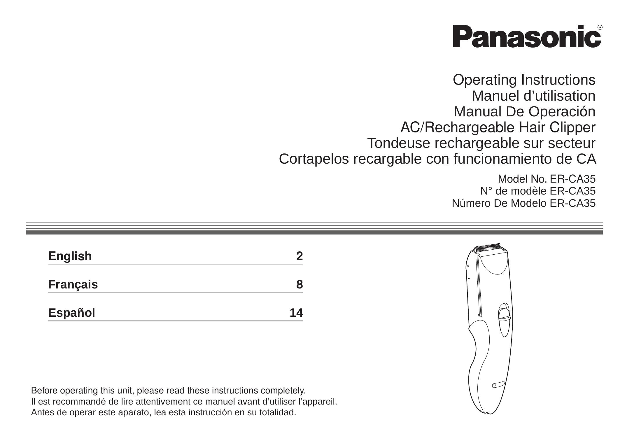 Panasonic ERCA35 Hair Clippers User Manual
