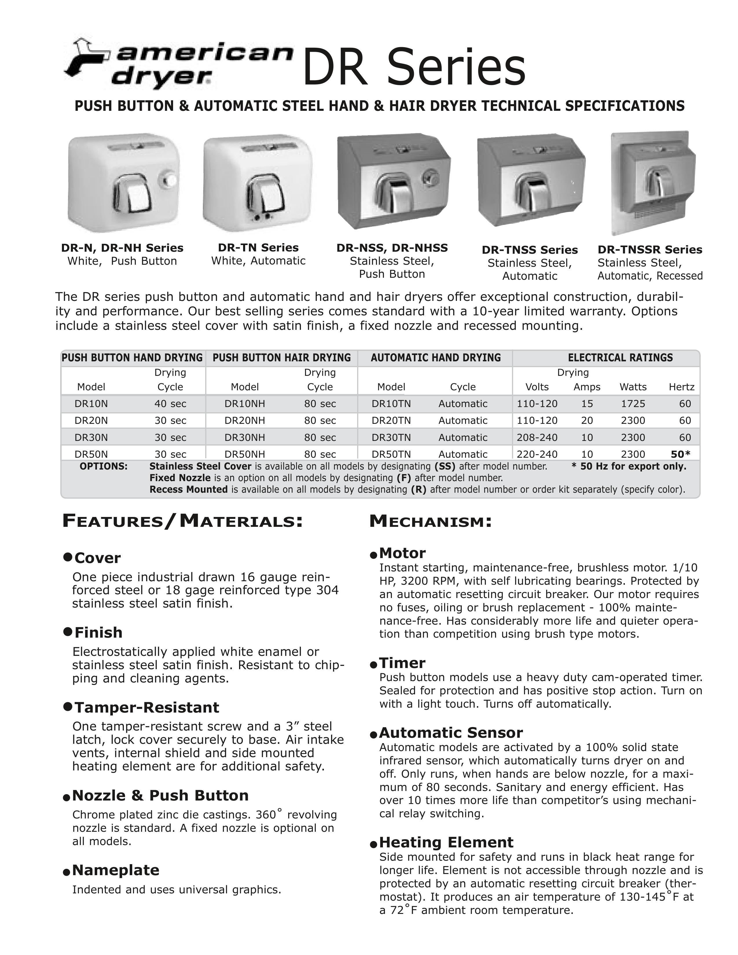American Dryer DR-NH Hair Dryer User Manual