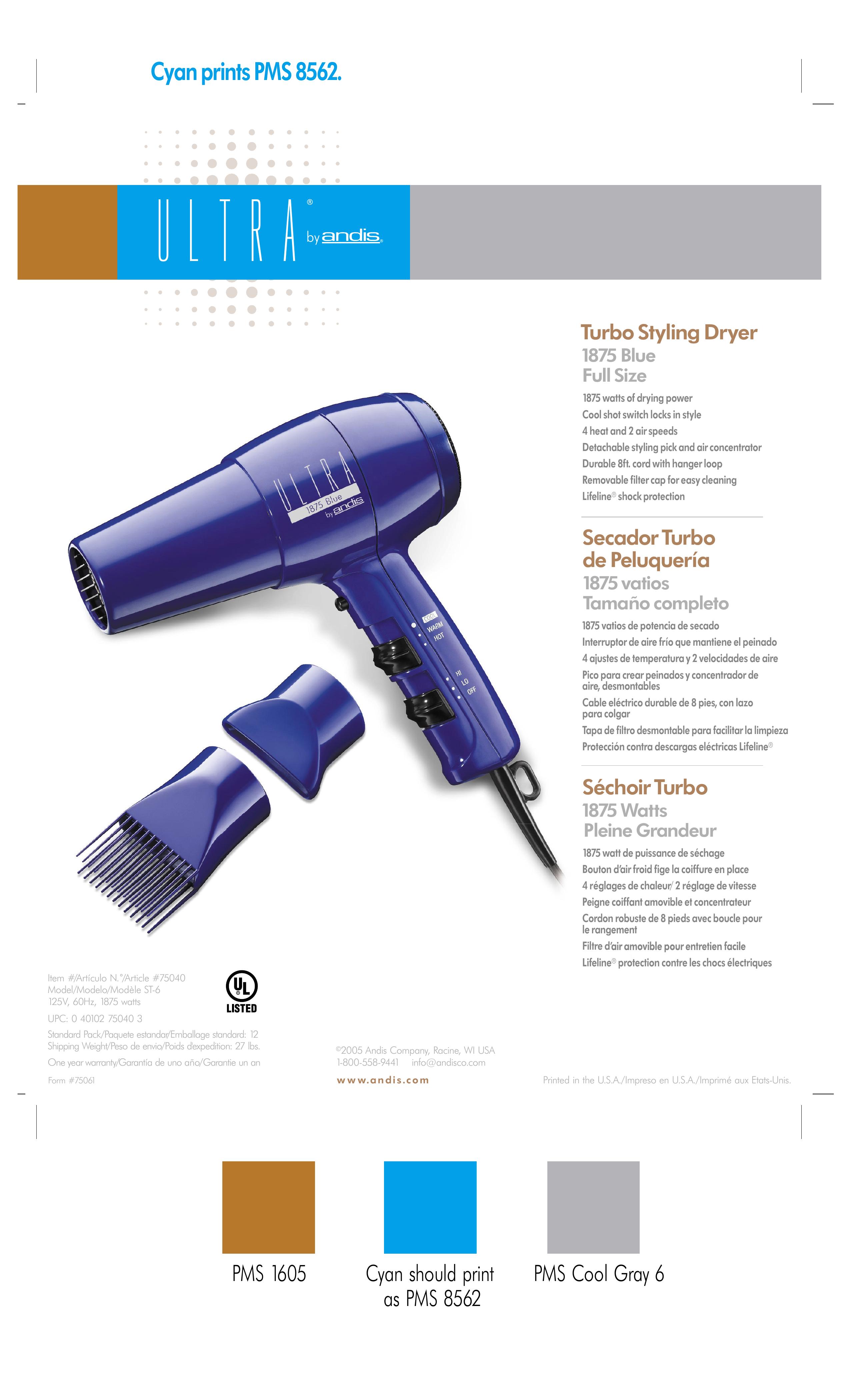 Andis Company 1875 Blue Hair Dryer User Manual