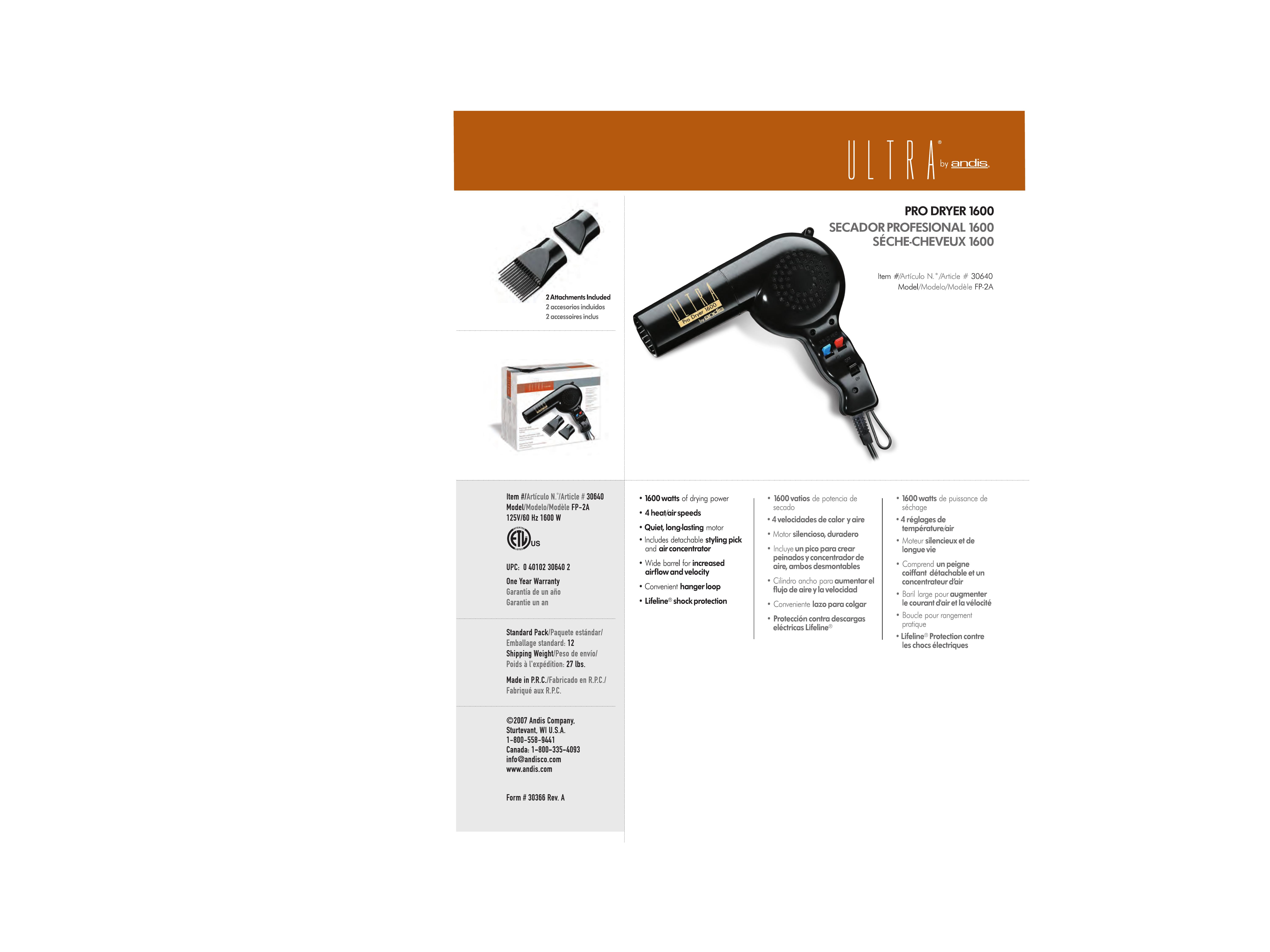 Andis Company 30640 Hair Dryer User Manual