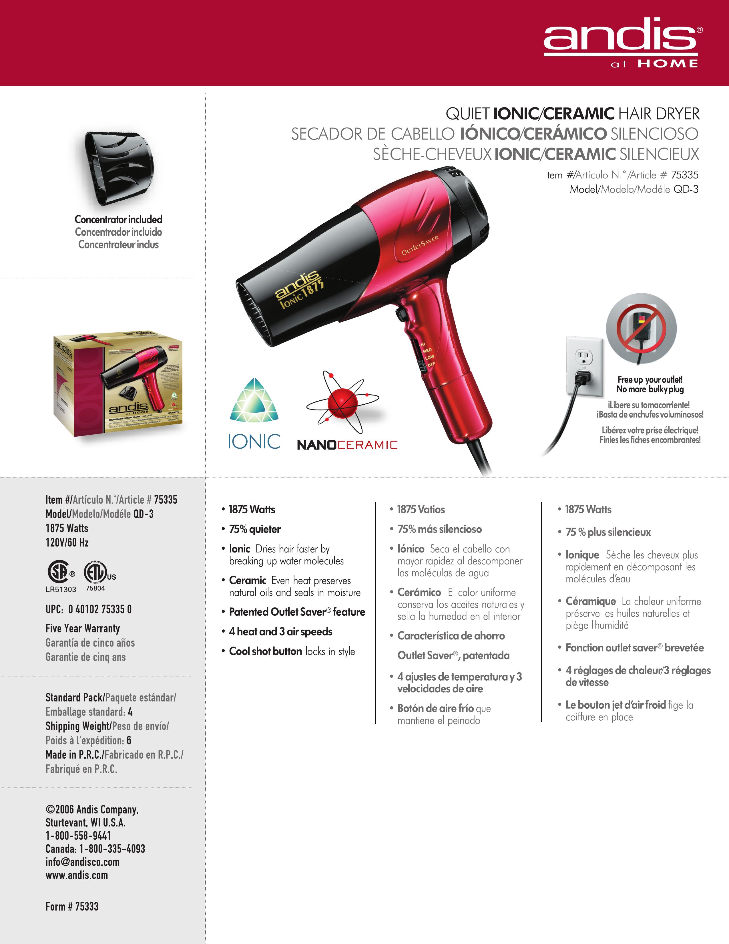 Andis Company 75335 Hair Dryer User Manual