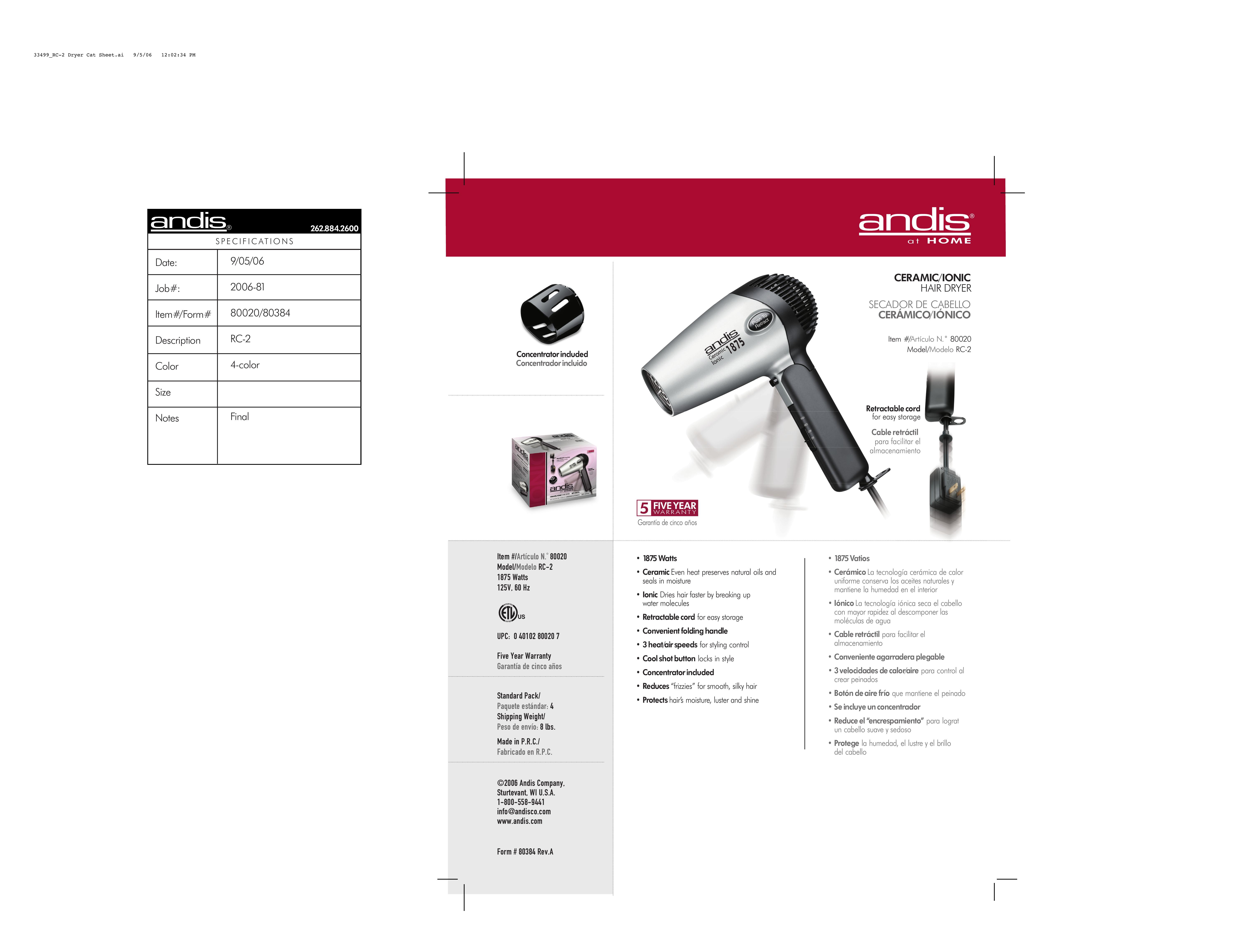 Andis Company 80020 Hair Dryer User Manual
