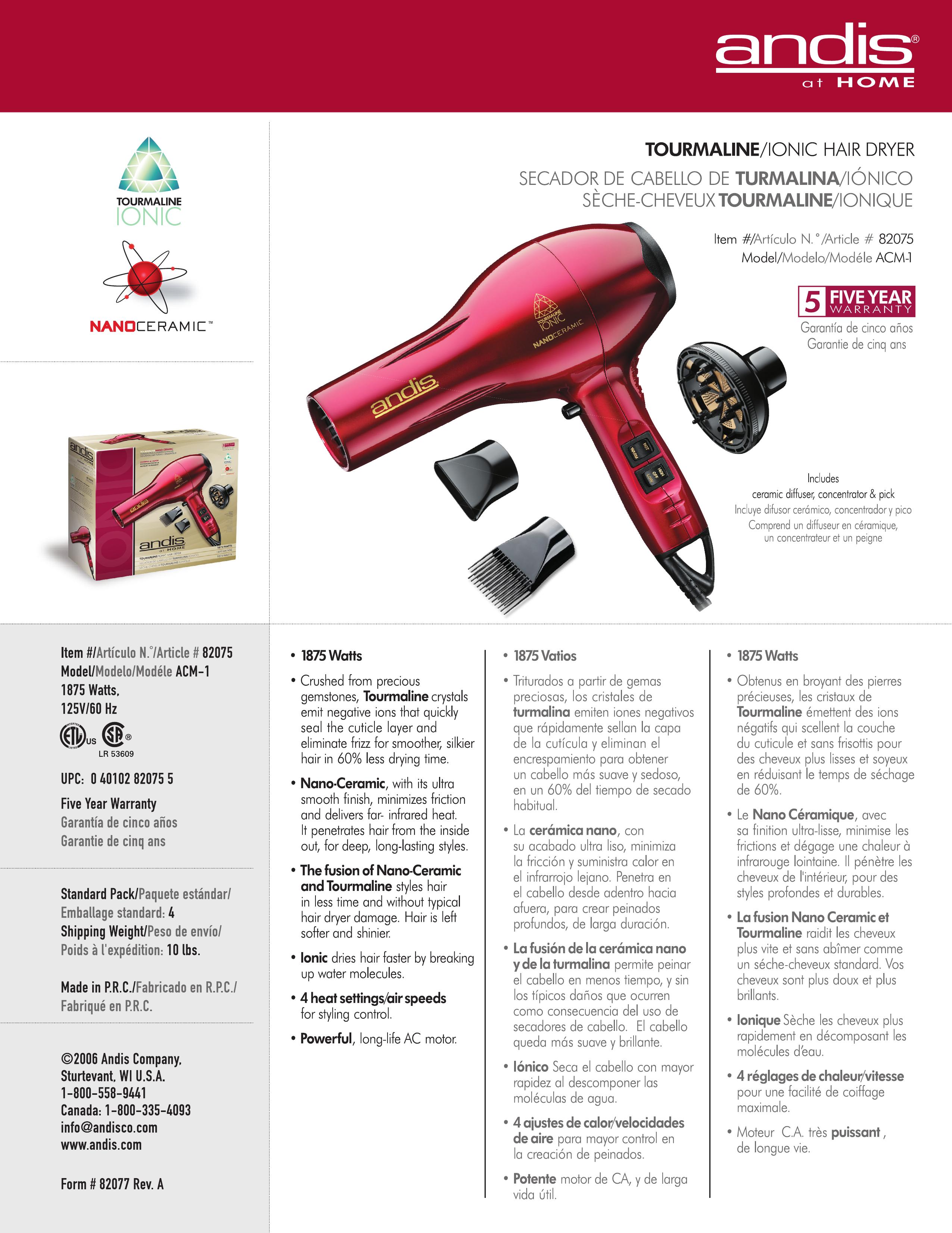 Andis Company 82075 Hair Dryer User Manual