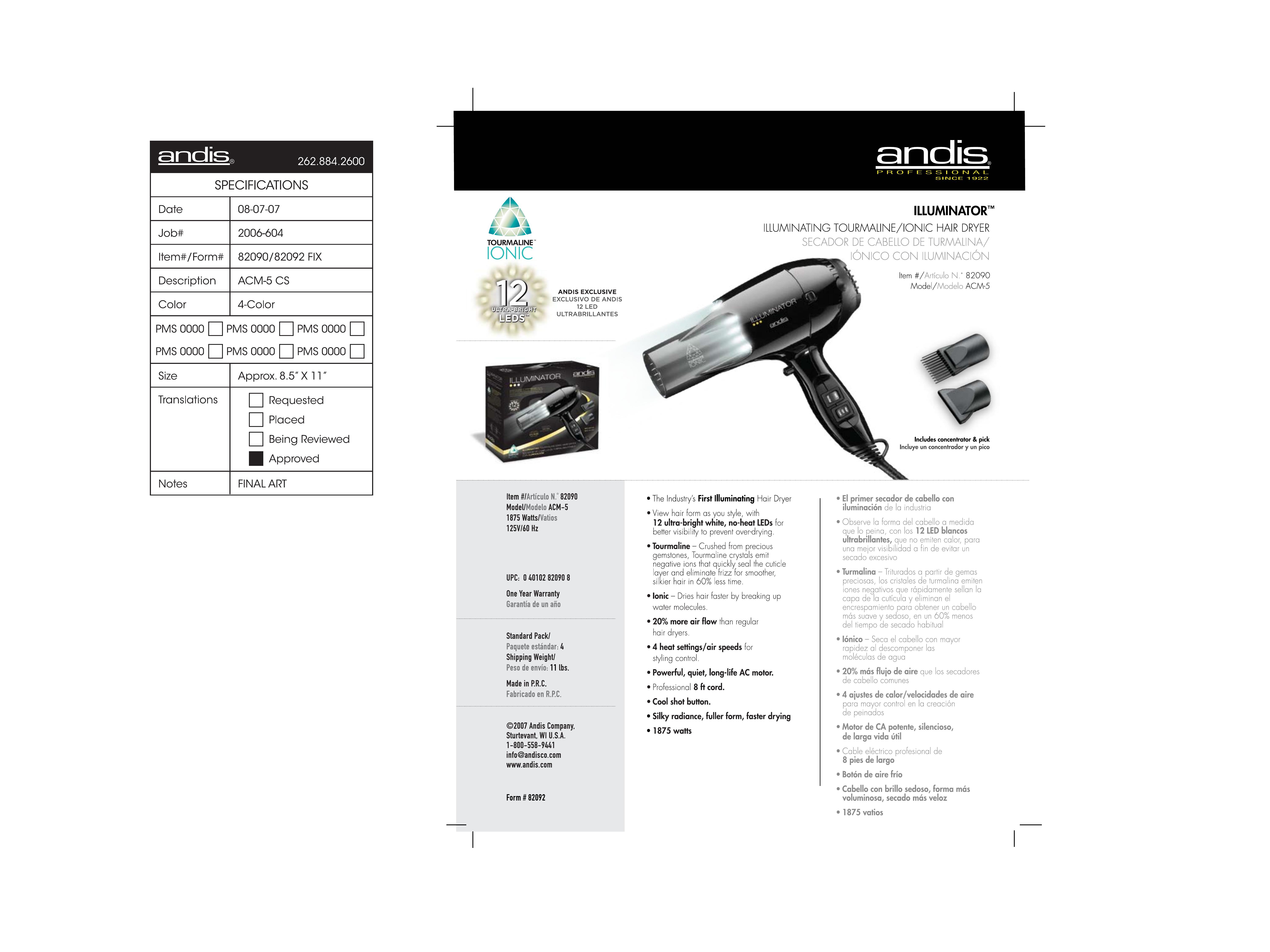 Andis Company ACM5 Hair Dryer User Manual