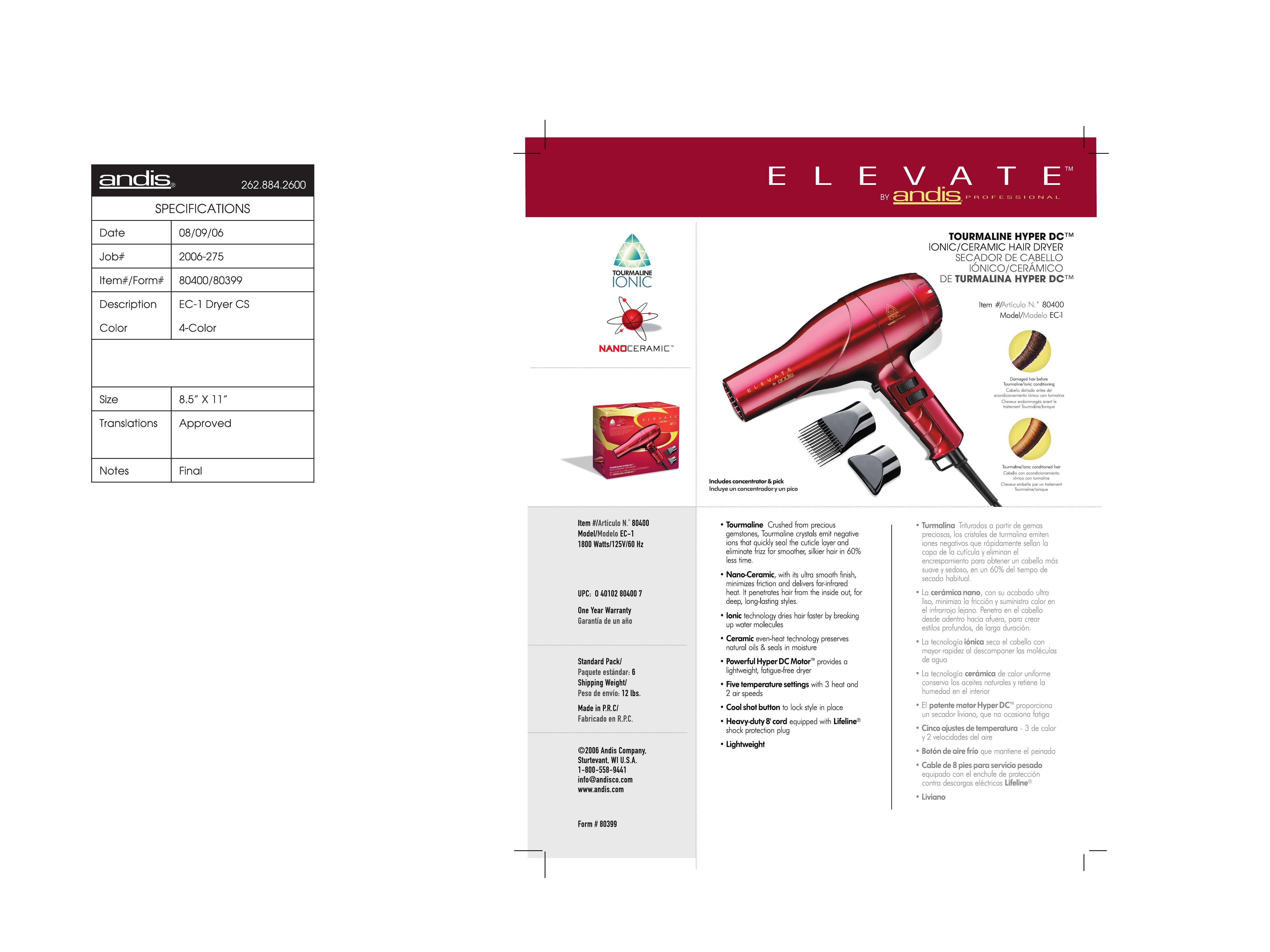 Andis Company EC-1 Hair Dryer User Manual