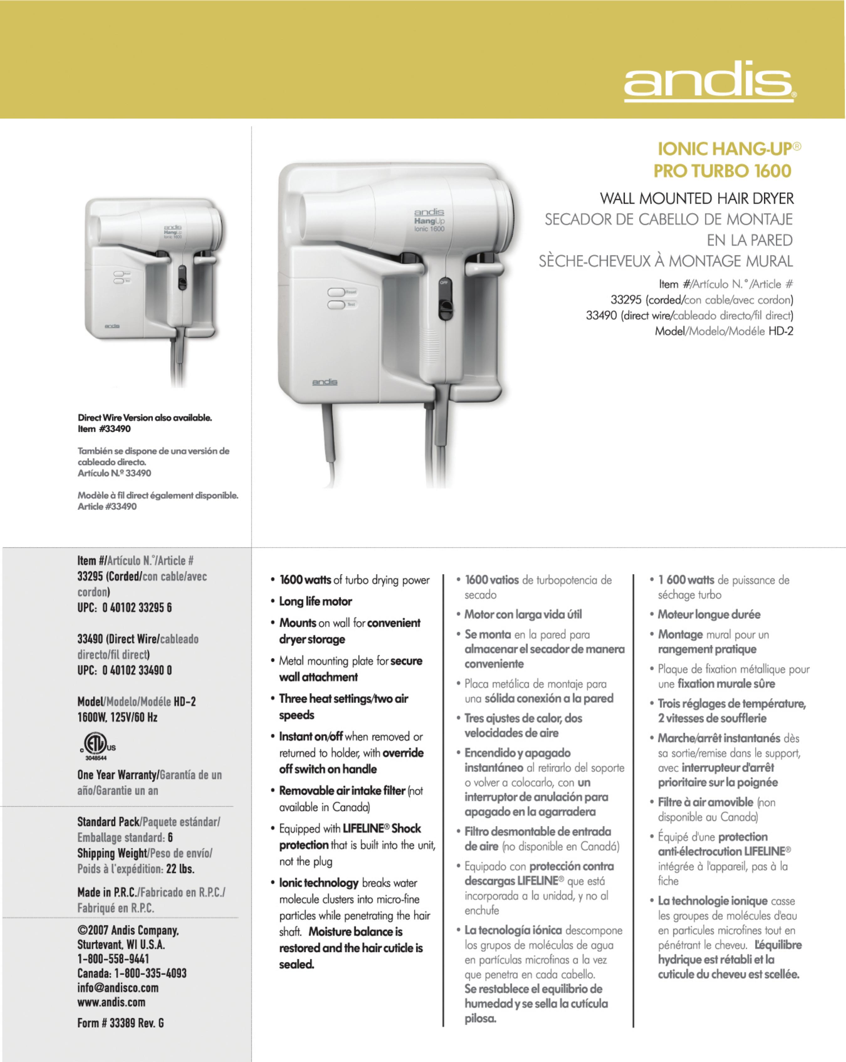 Andis Company HD-2 Hair Dryer User Manual