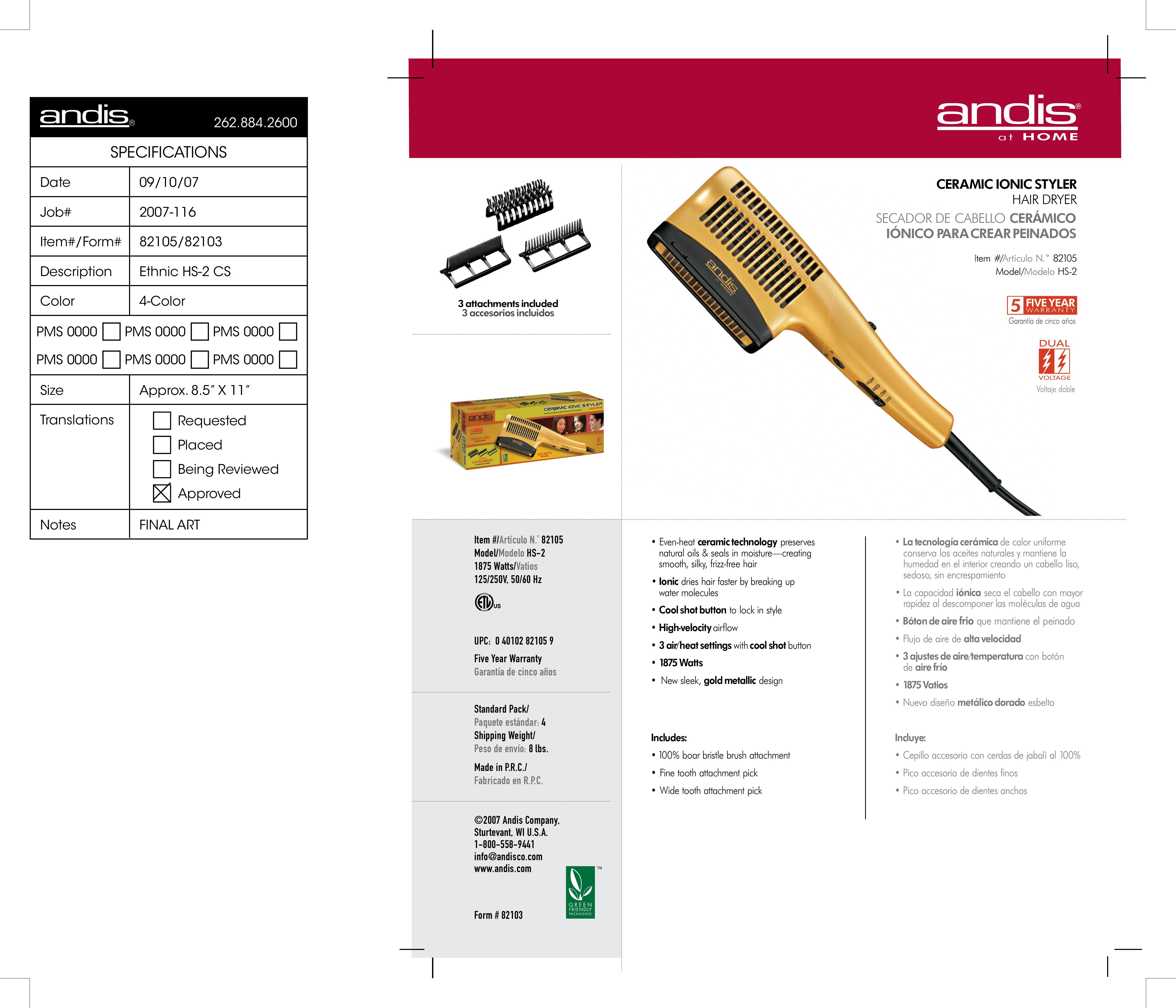 Andis Company HS-2 Hair Dryer User Manual