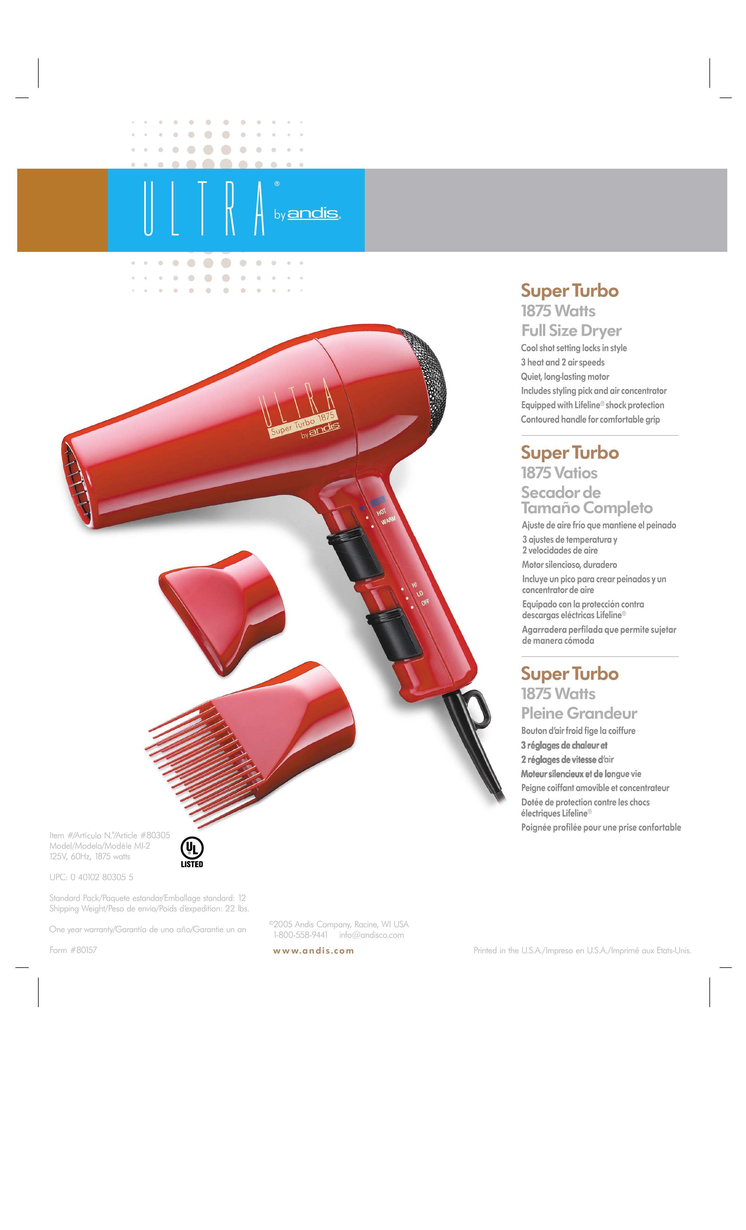 Andis Company MI-2 Hair Dryer User Manual