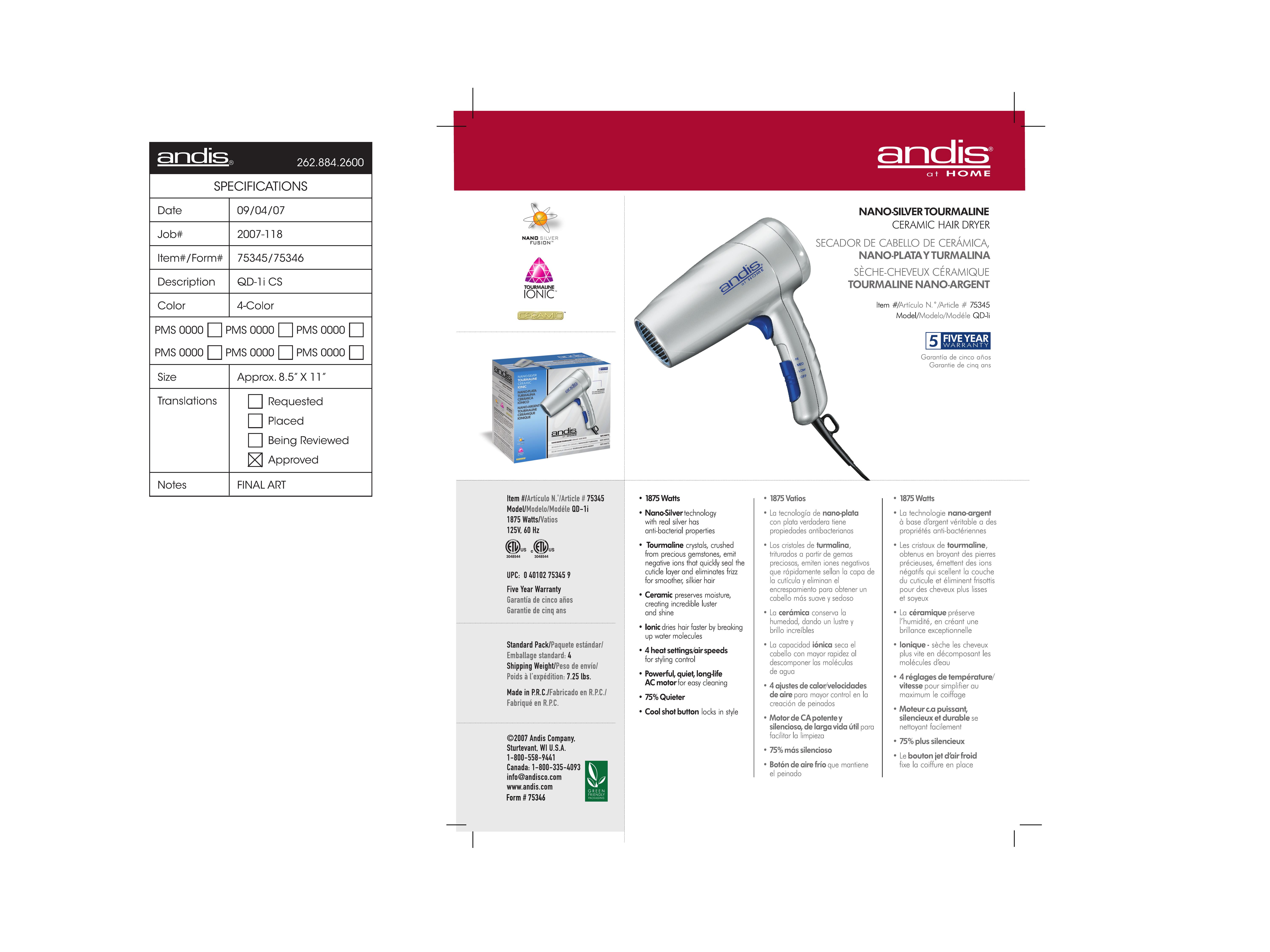 Andis Company QD-1i 75345 Hair Dryer User Manual
