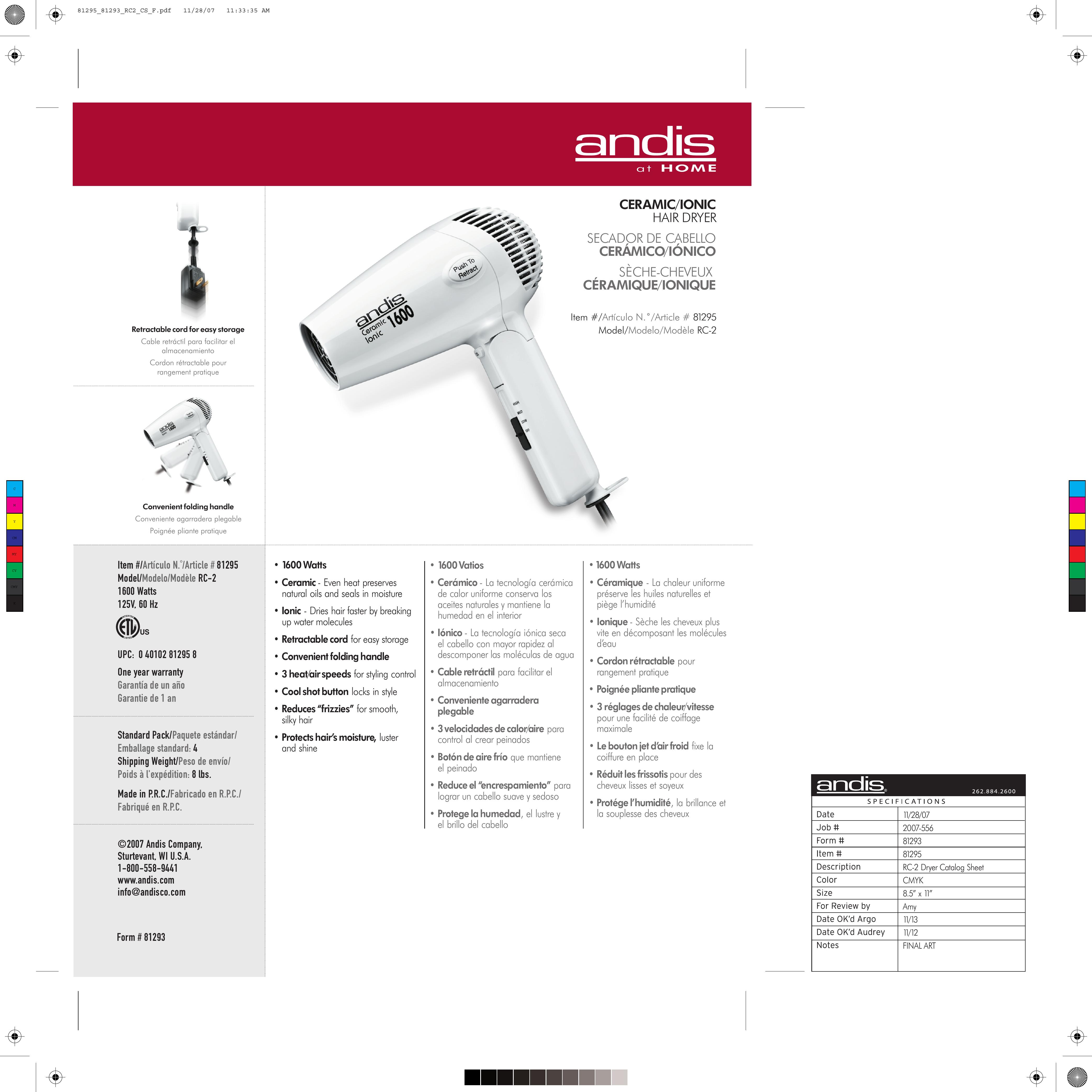 Andis Company RC-2 Hair Dryer User Manual