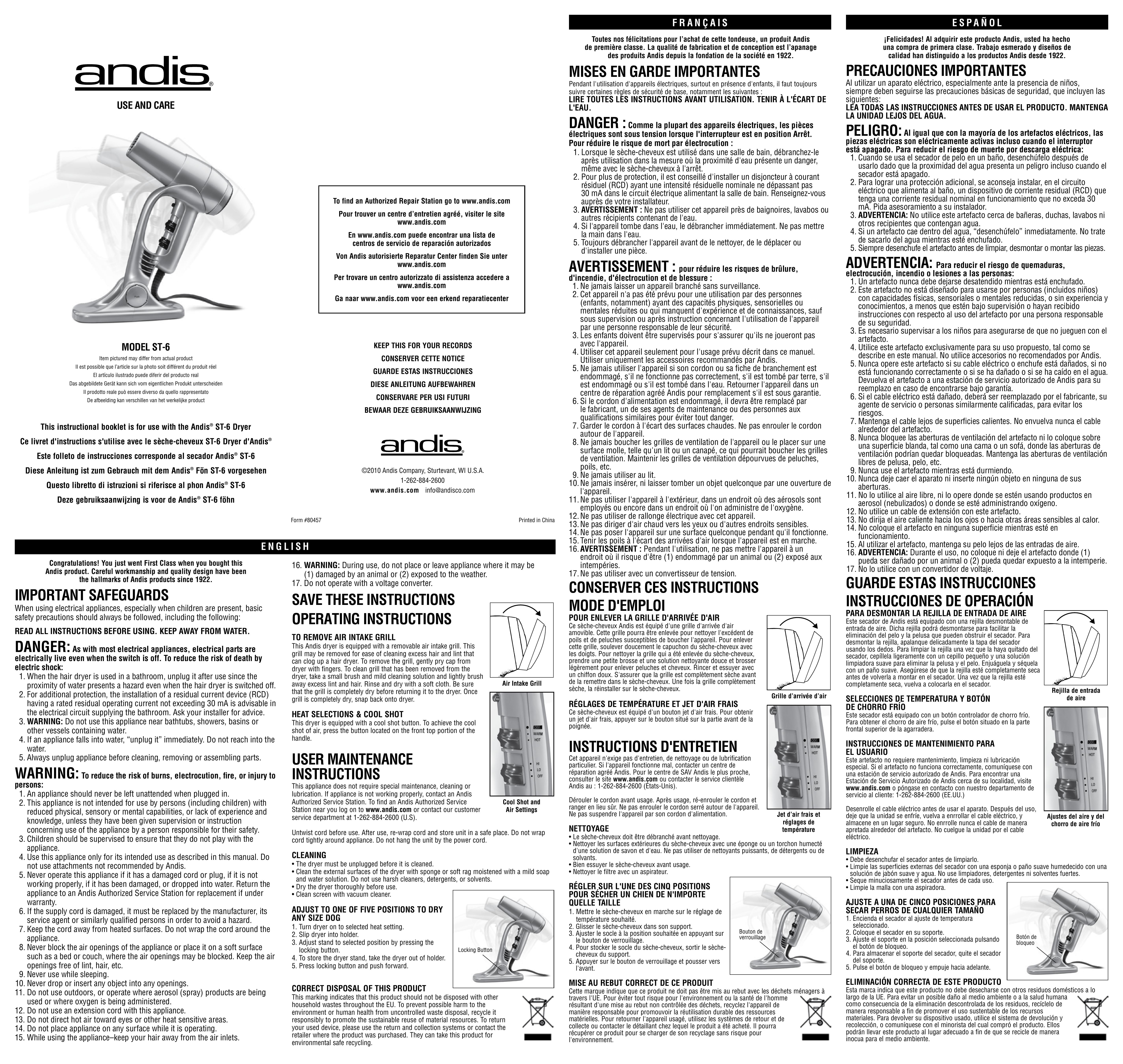 Andis Company ST-6 Hair Dryer User Manual