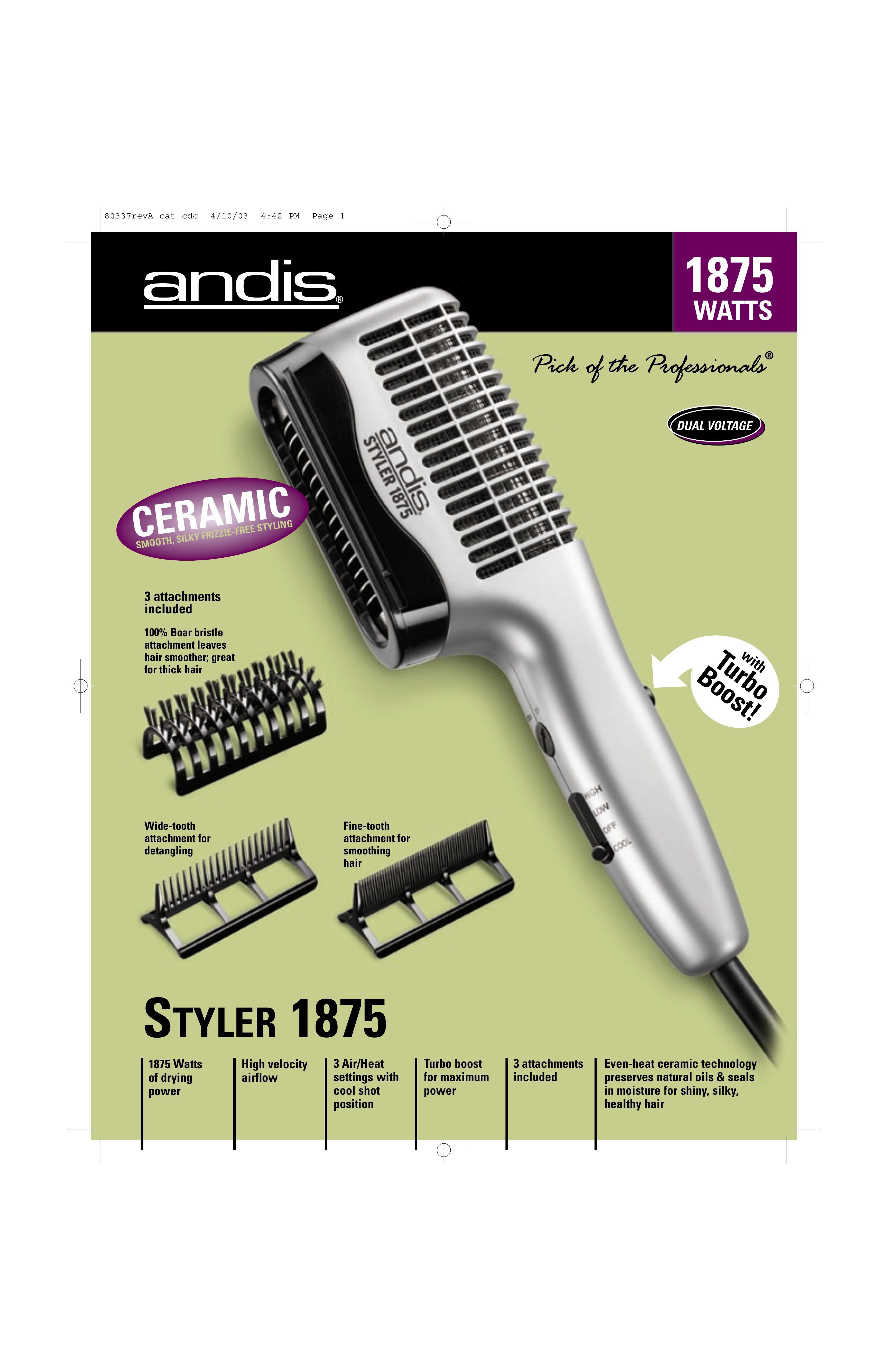 Andis Company Styler 1875 Hair Dryer User Manual