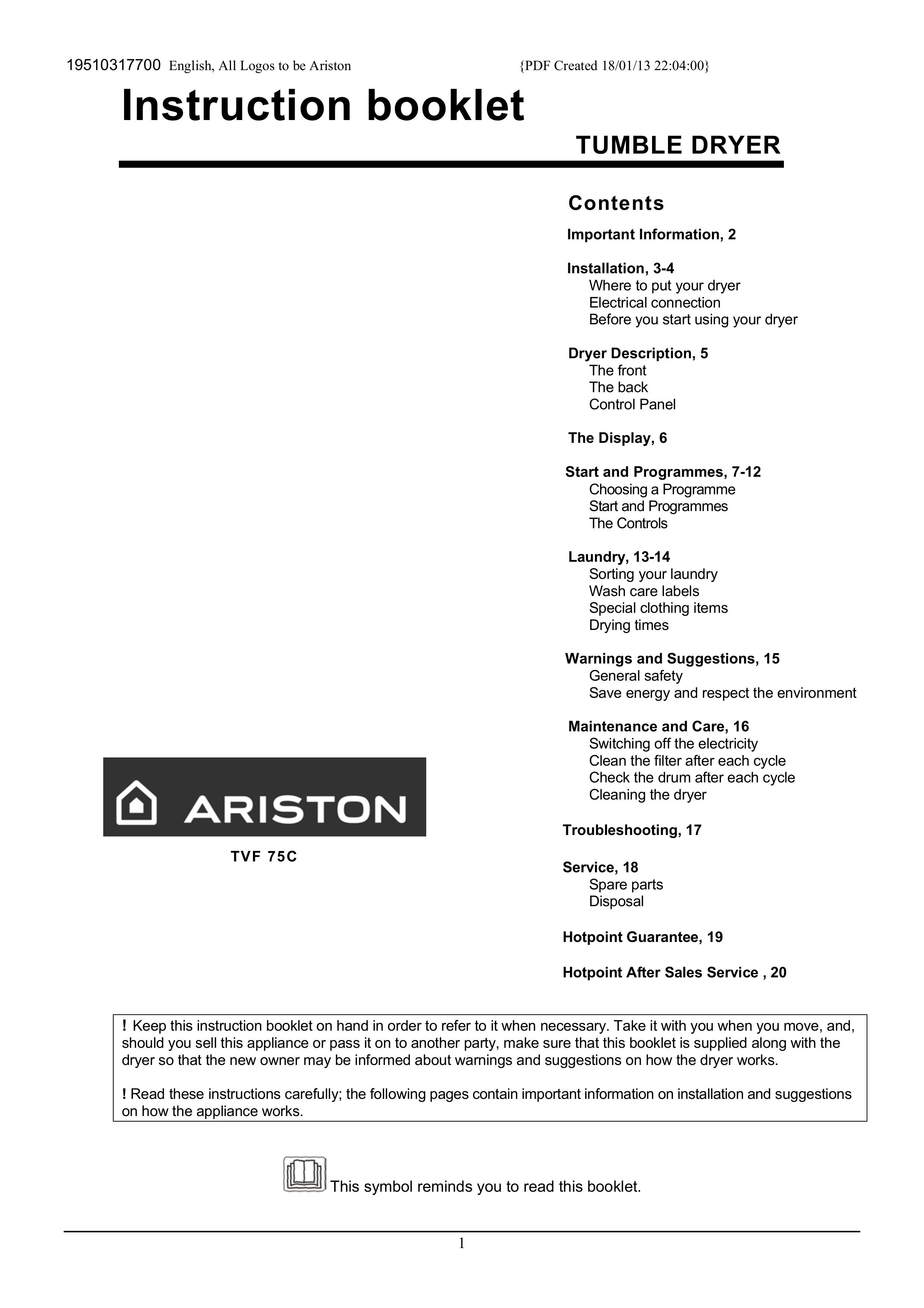 Ariston TVF 75C Hair Dryer User Manual