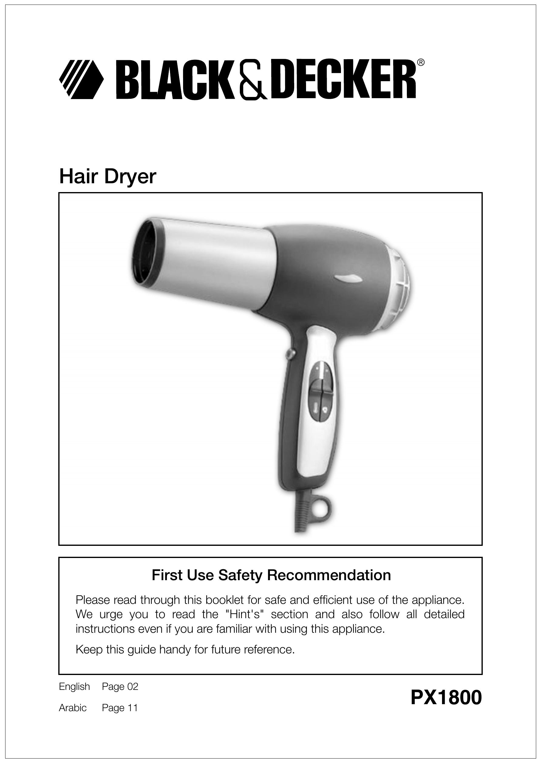 Black & Decker PX1800 Hair Dryer User Manual