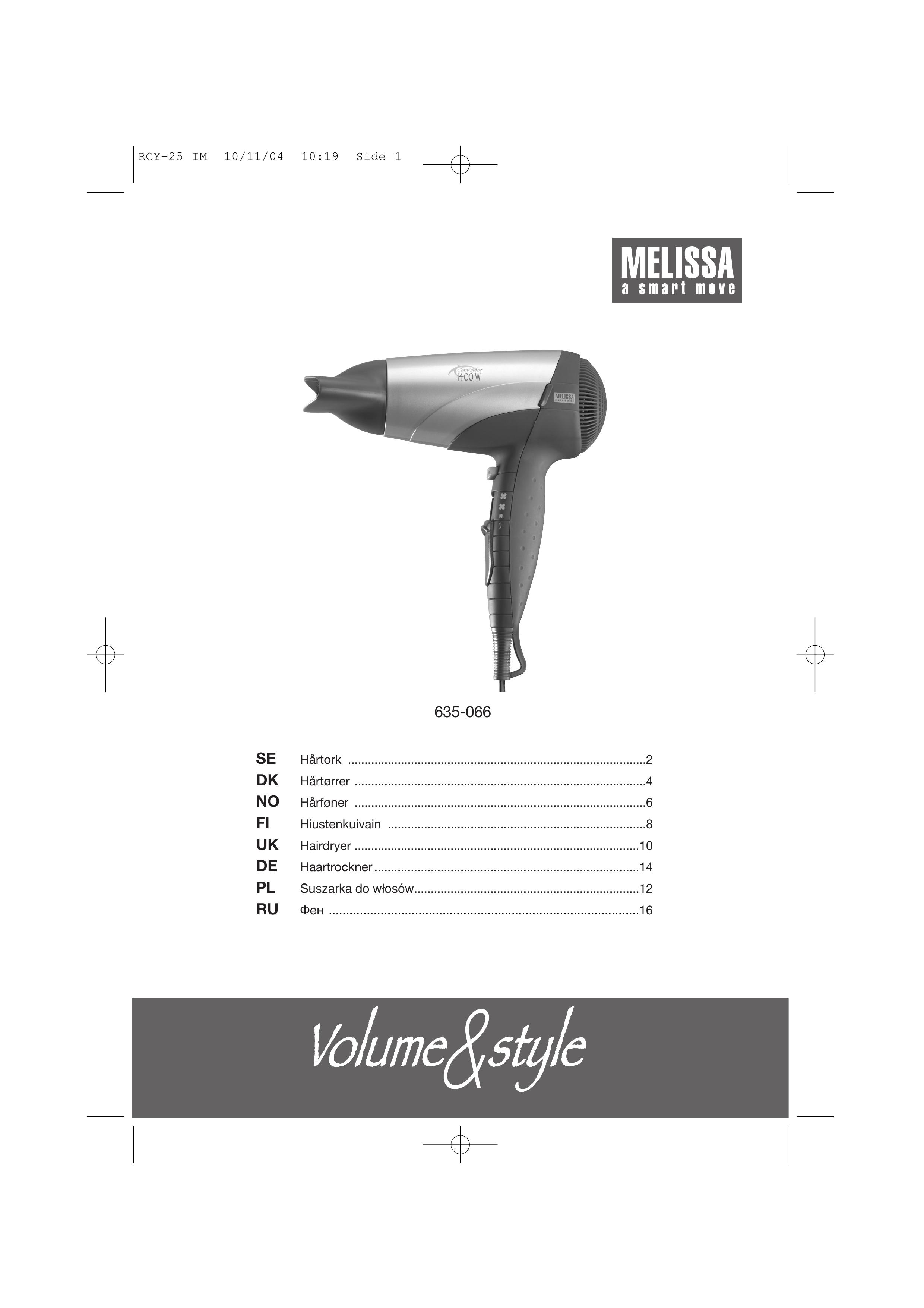 Melissa 635-066 Hair Dryer User Manual