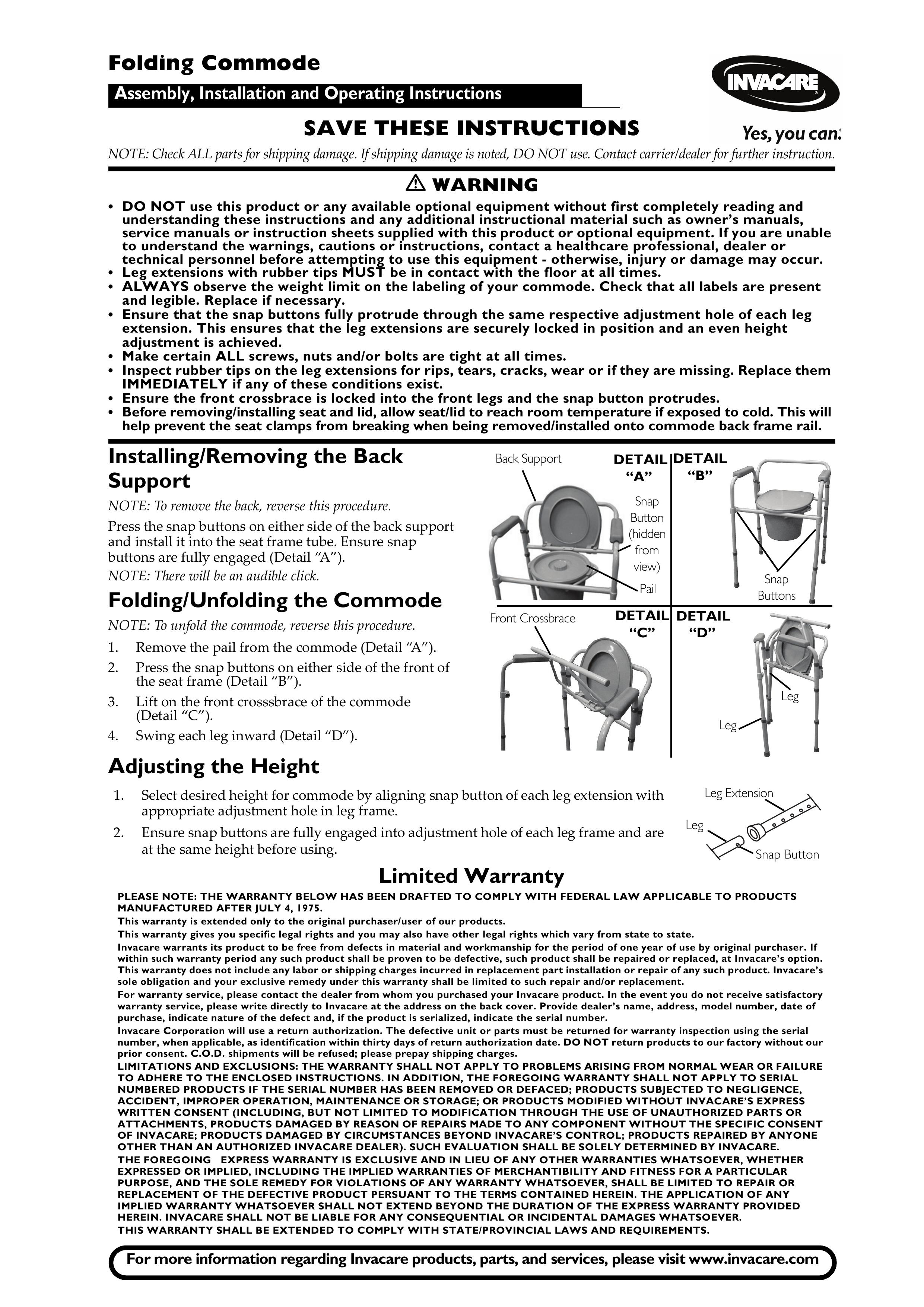 Invacare Folding Commode Home Care Product User Manual