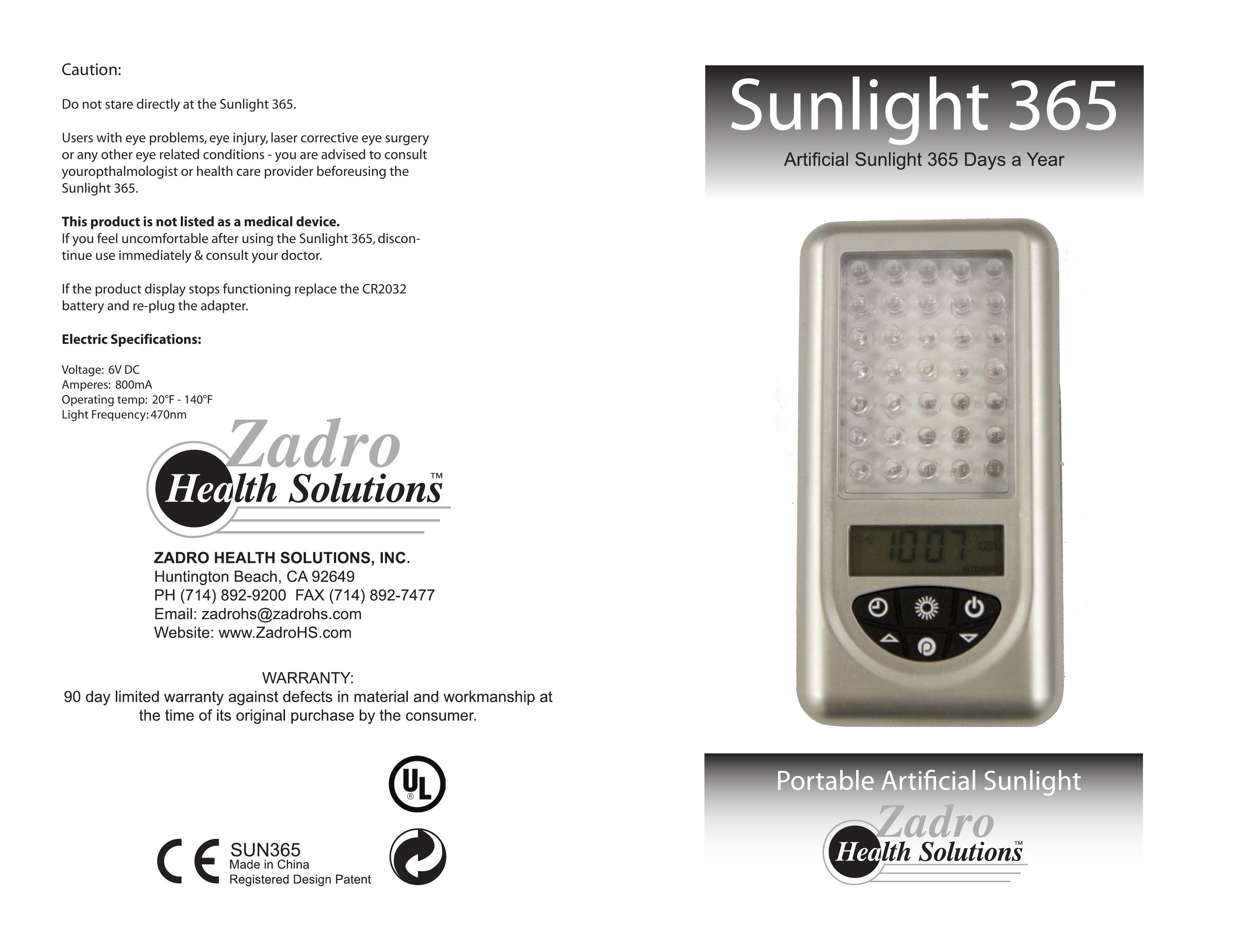 Zadro Products SUN365 Light Therapy Device User Manual