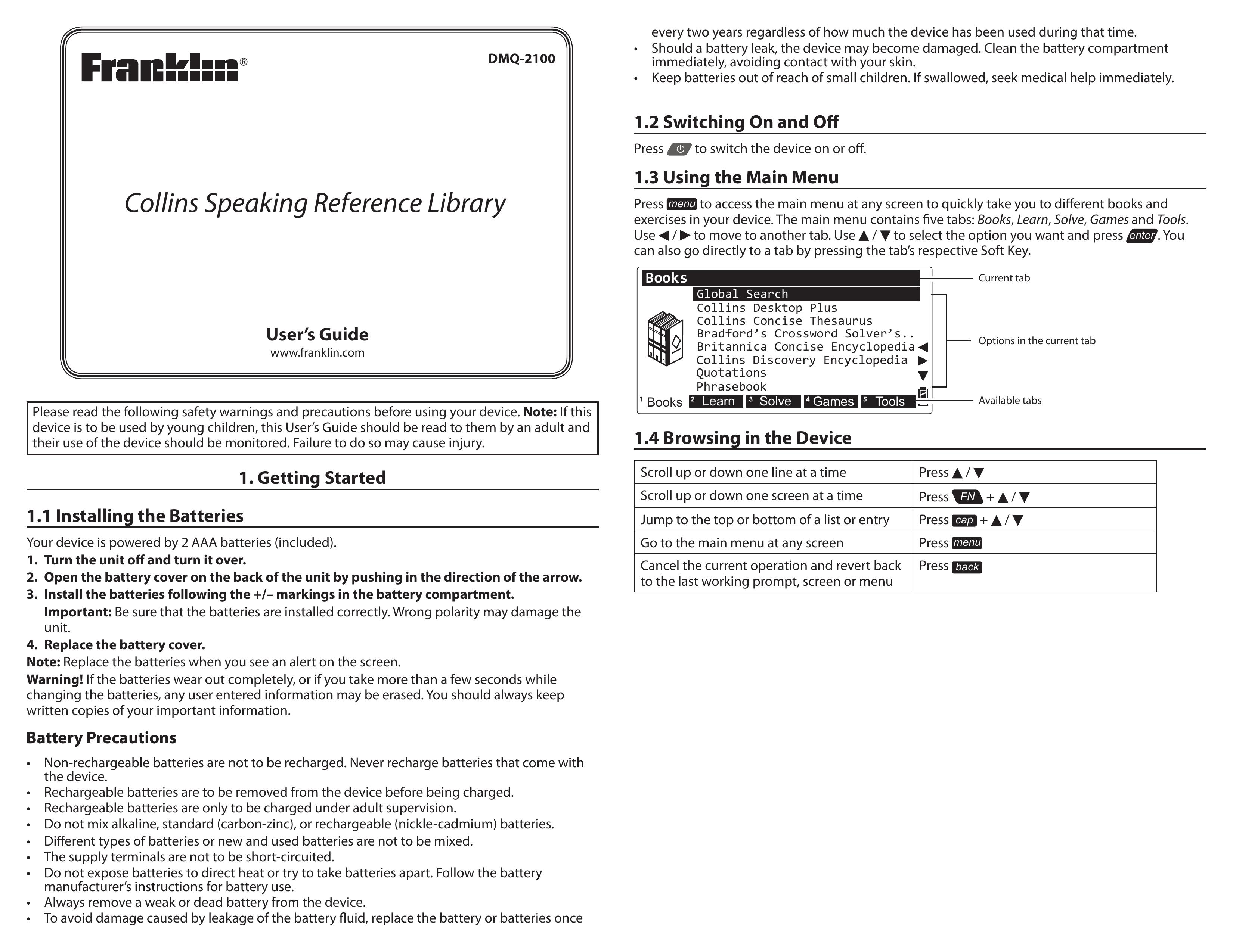 Franklin Colins Speaking Reference Library Medical Alarms User Manual