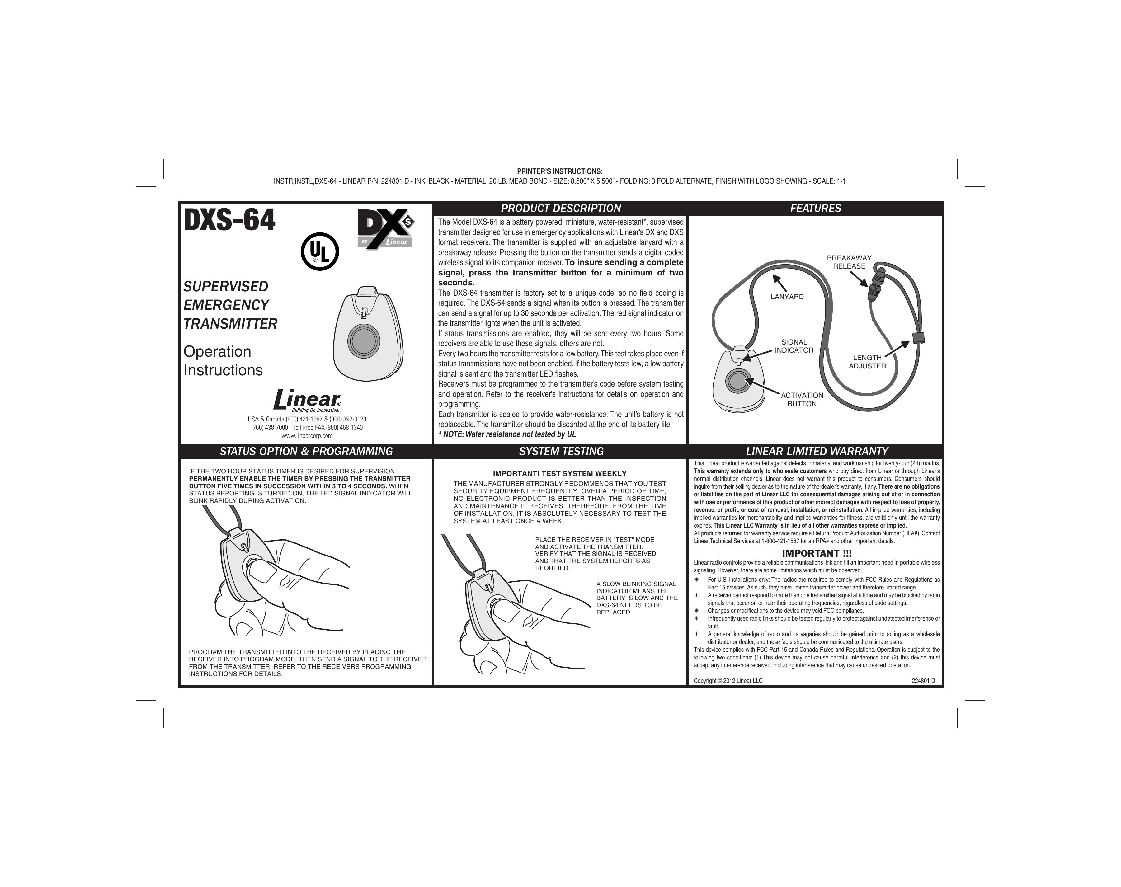 Linear DXS-64 Medical Alarms User Manual