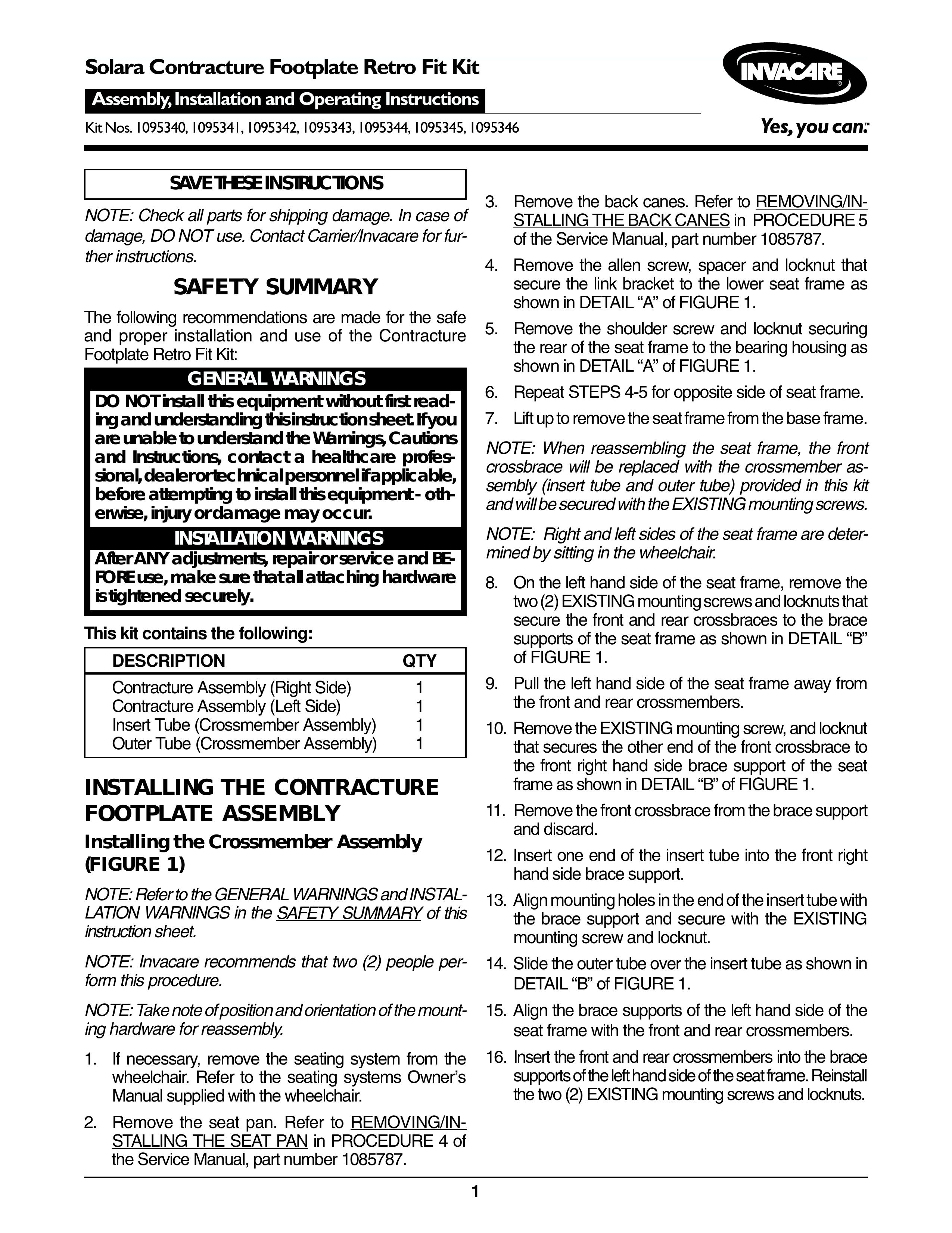 Invacare 1095345 Mobility Aid User Manual