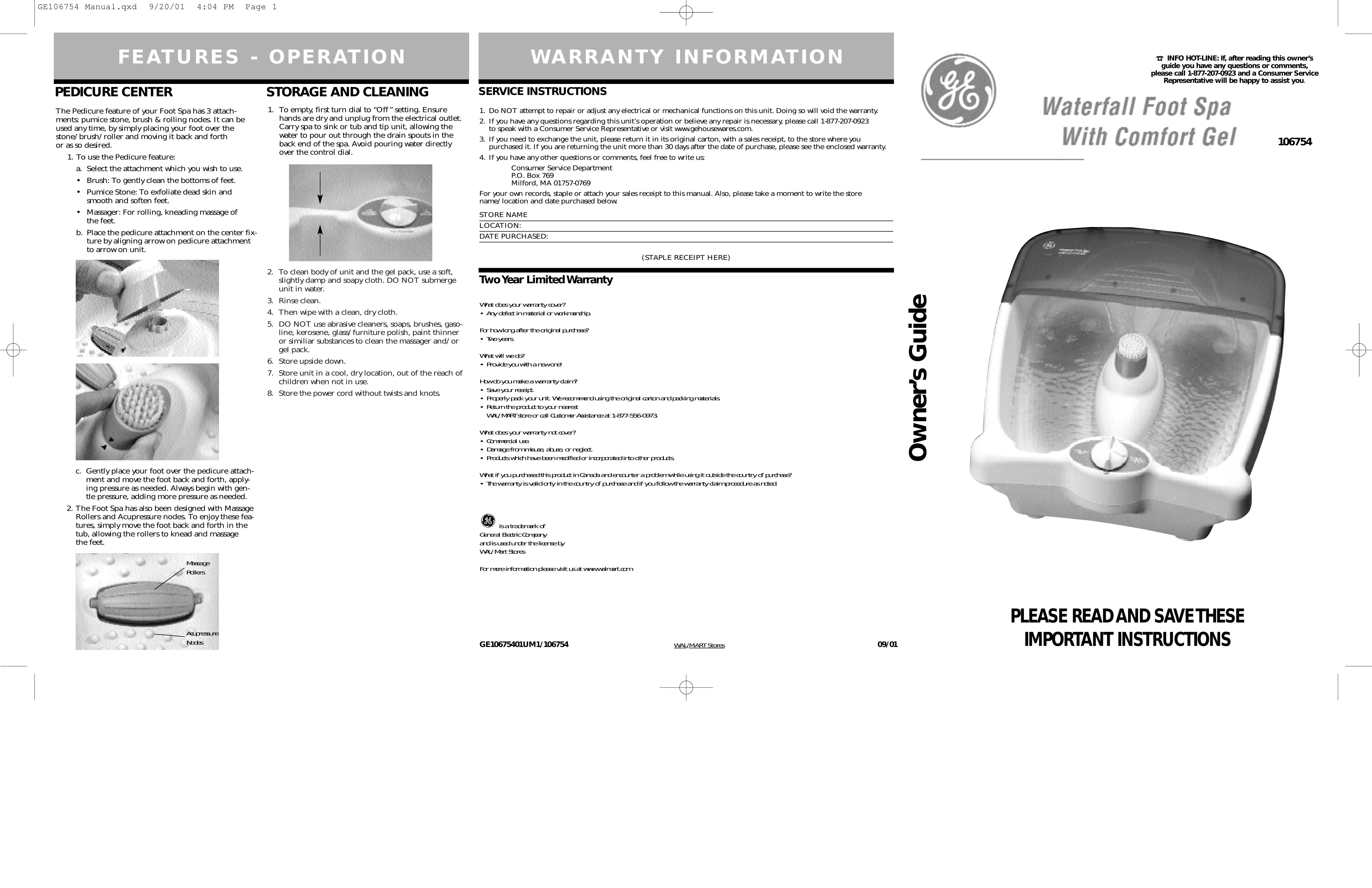 GE 106754 Pedicure Spa User Manual