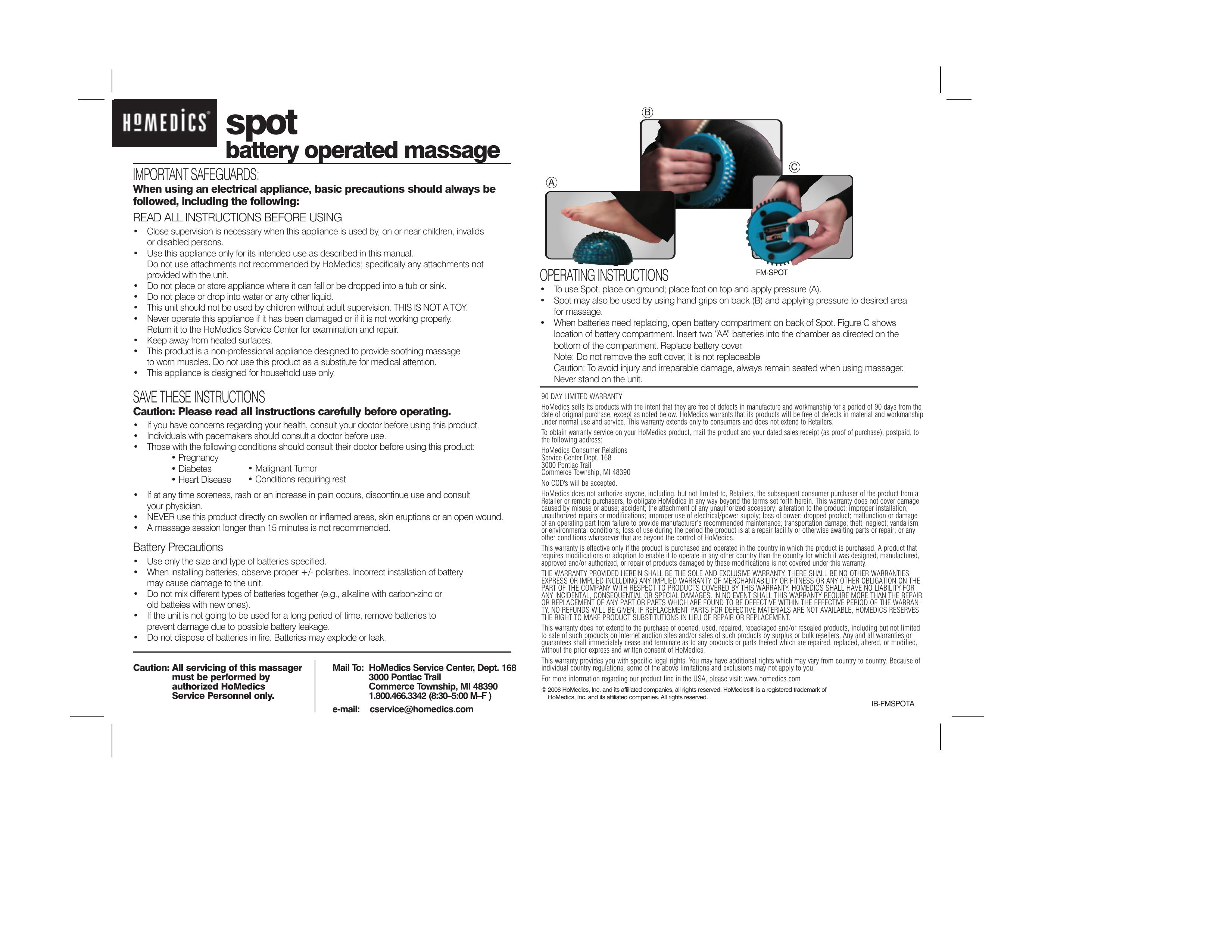 HoMedics battery operated massager Pedicure Spa User Manual