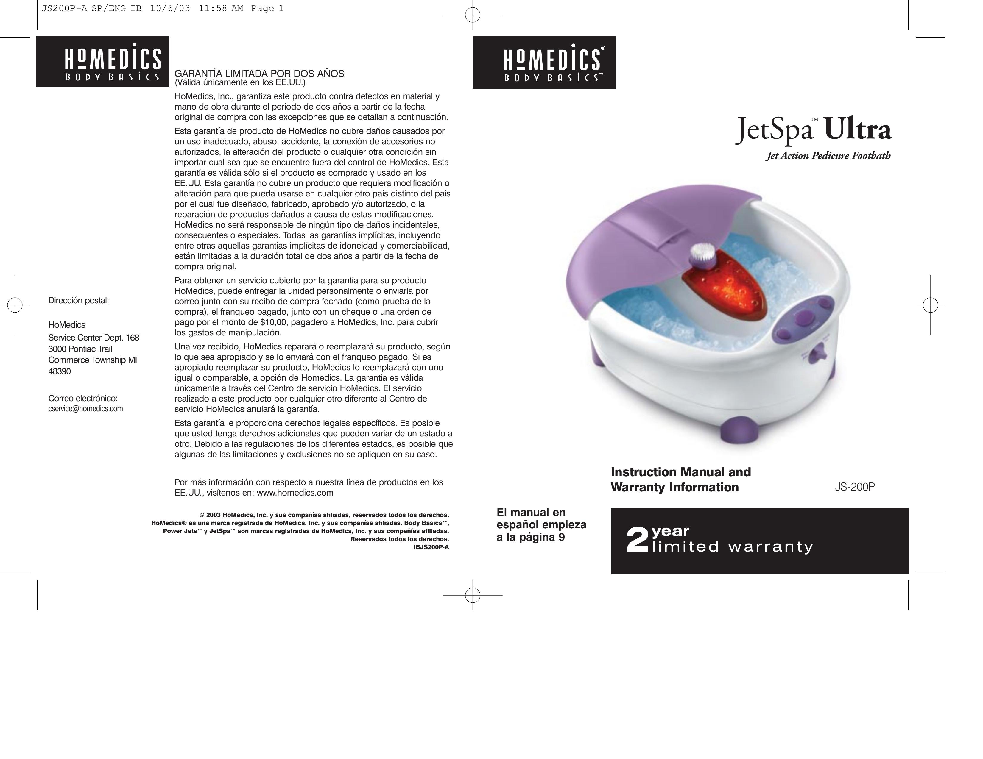 HoMedics JS-200P Pedicure Spa User Manual