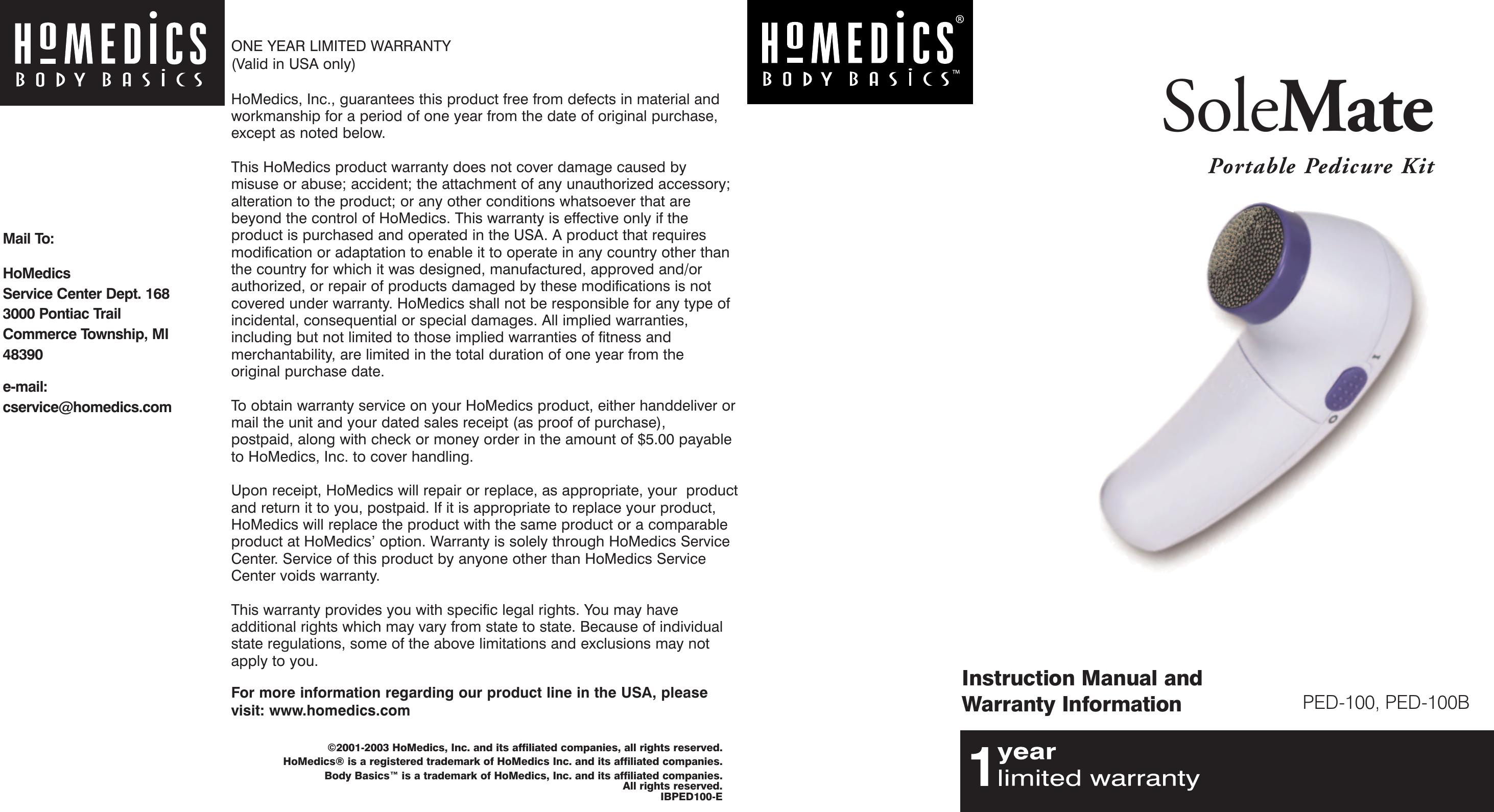 HoMedics PED-100 Pedicure Spa User Manual