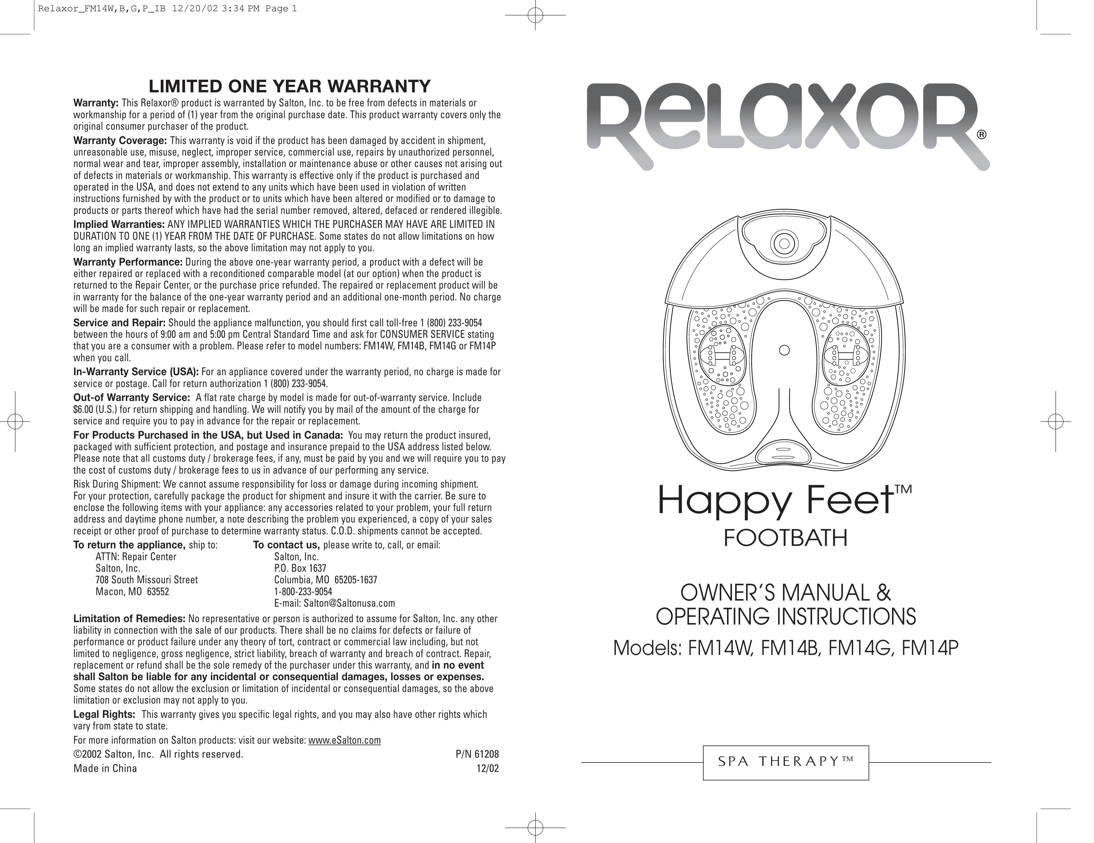 Salton FM14P Pedicure Spa User Manual