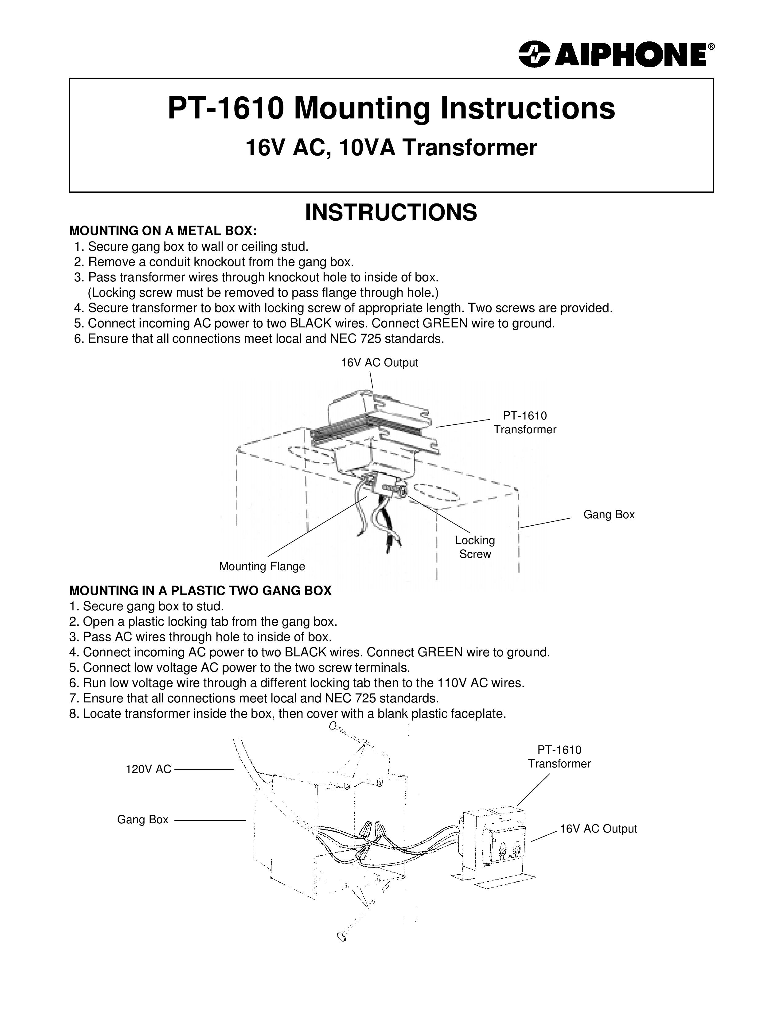 Aiphone PT-1610 Personal Lift User Manual