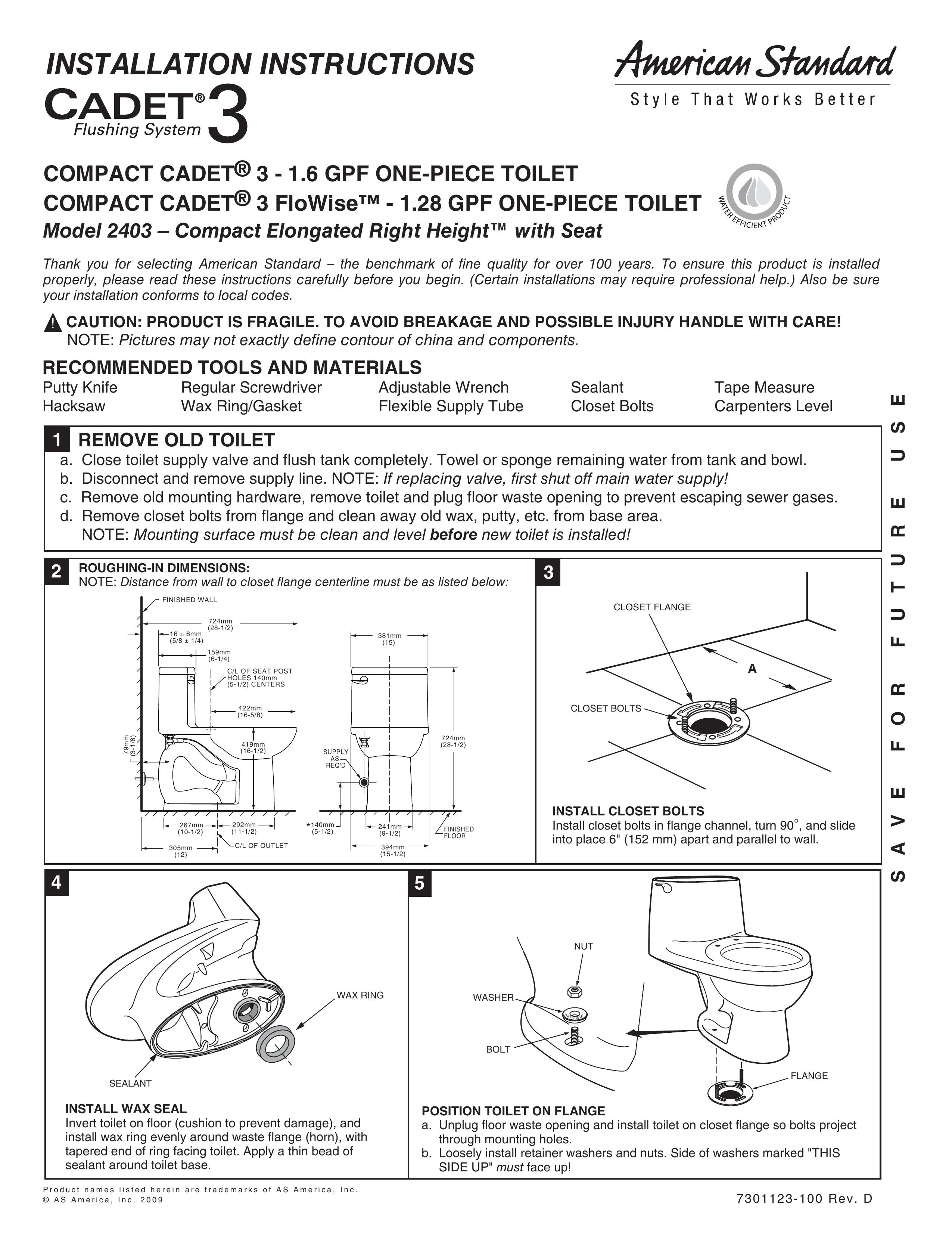 American Standard COMPACT CADET 3 - 1.6 GPF ONE-PIECE TOILET, COMPACT CADET 3 FloWise - 1.28 GPF ONE-PIECE TOILET Personal Lift User Manual