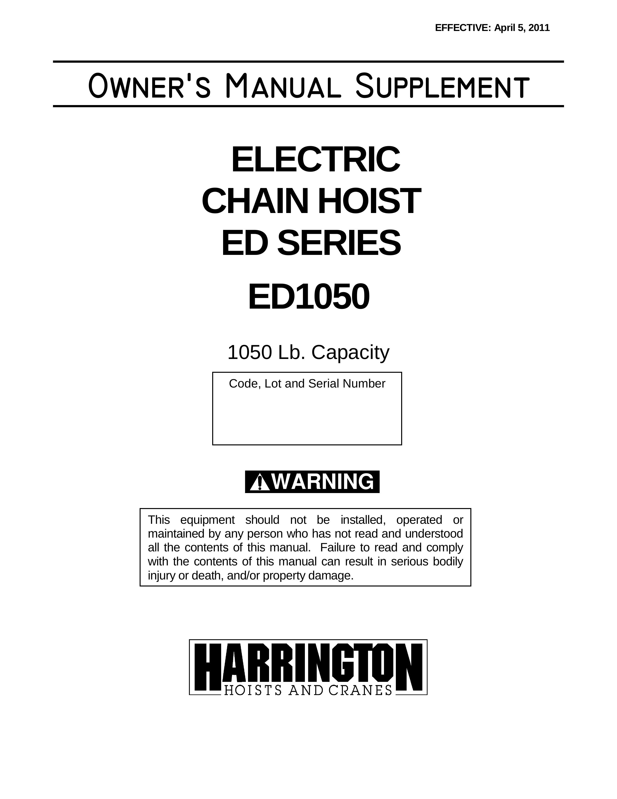 Harrington Hoists ED1050 Personal Lift User Manual
