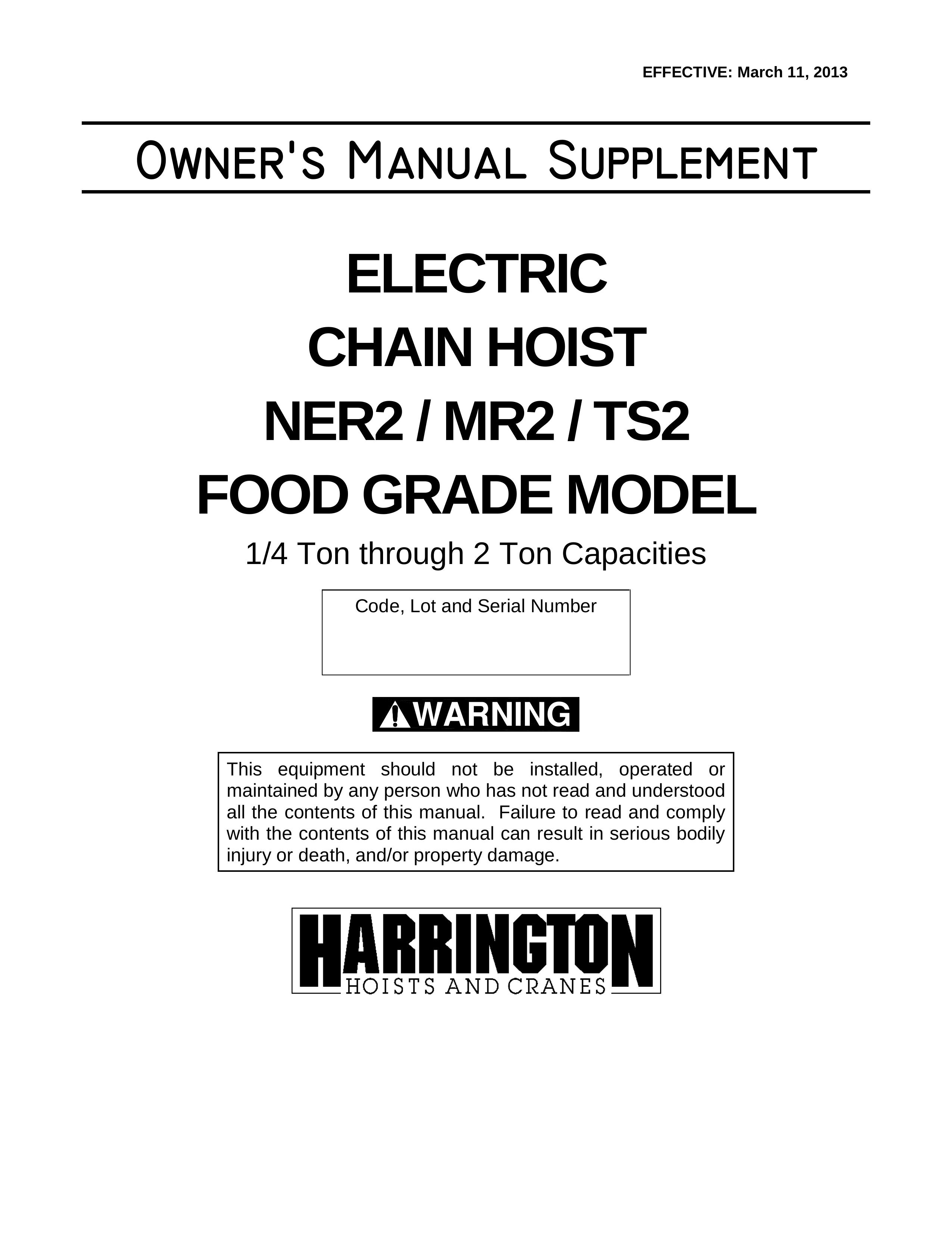 Harrington Hoists MR2 Personal Lift User Manual