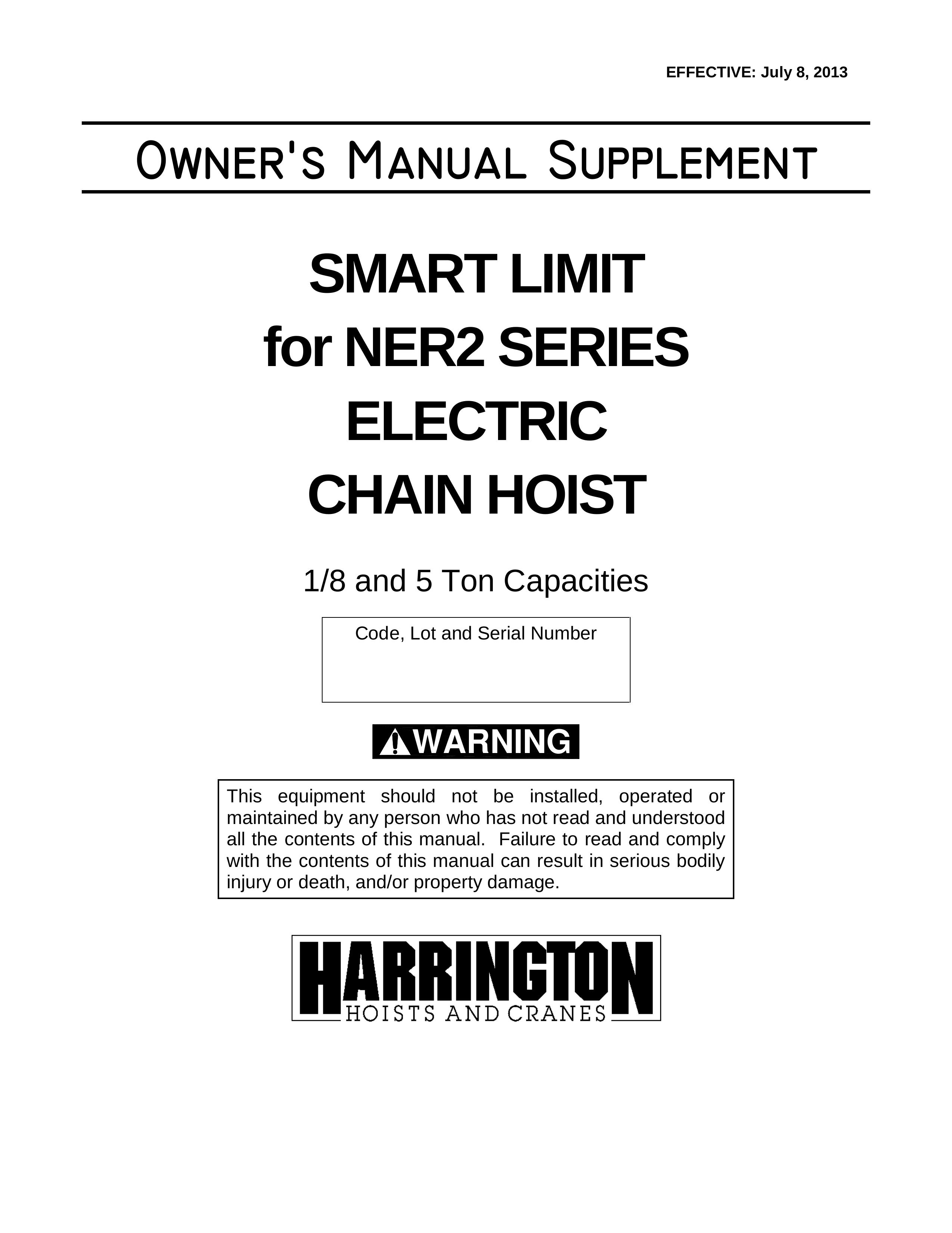 Harrington Hoists NER2 series Personal Lift User Manual