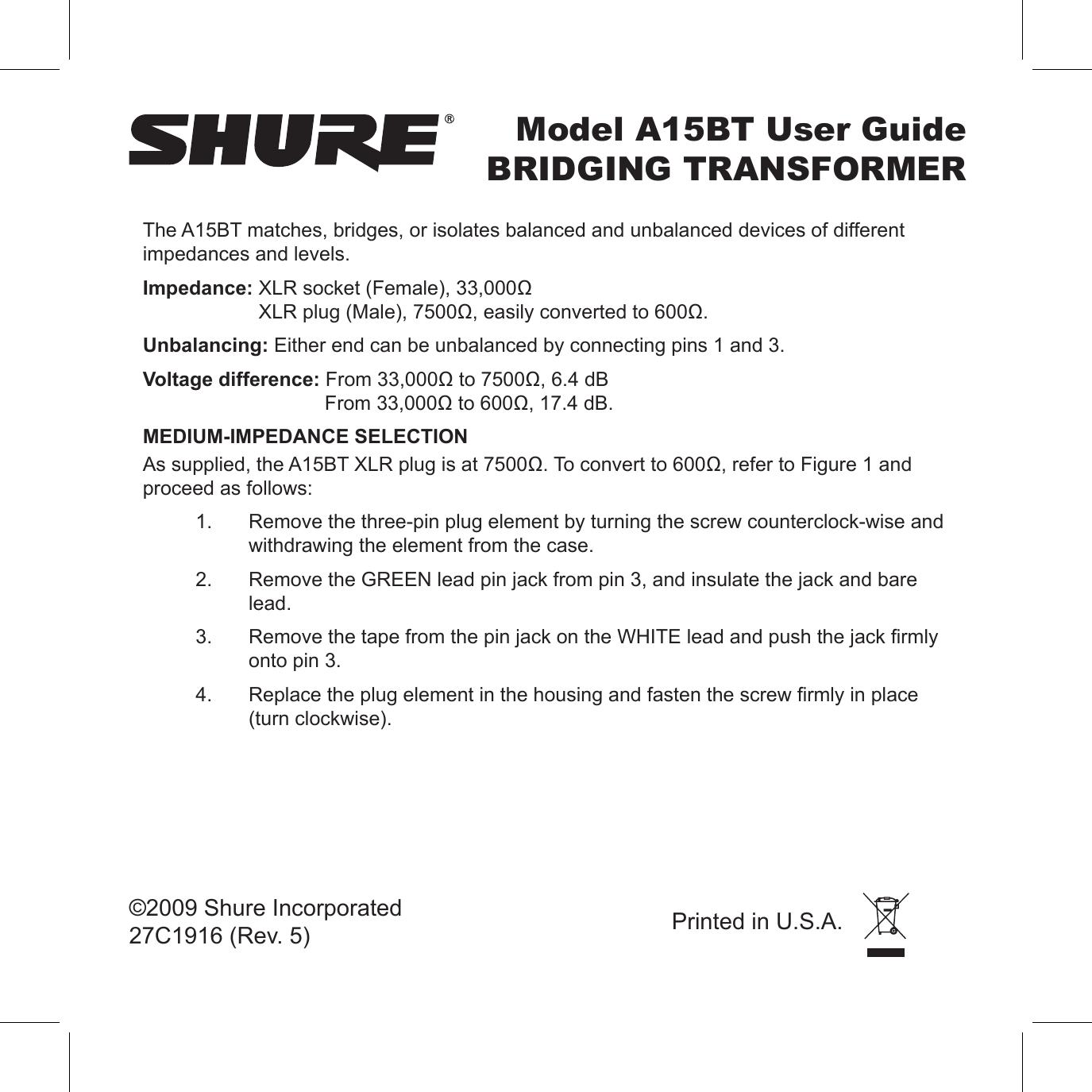 Shure A15BT Personal Lift User Manual