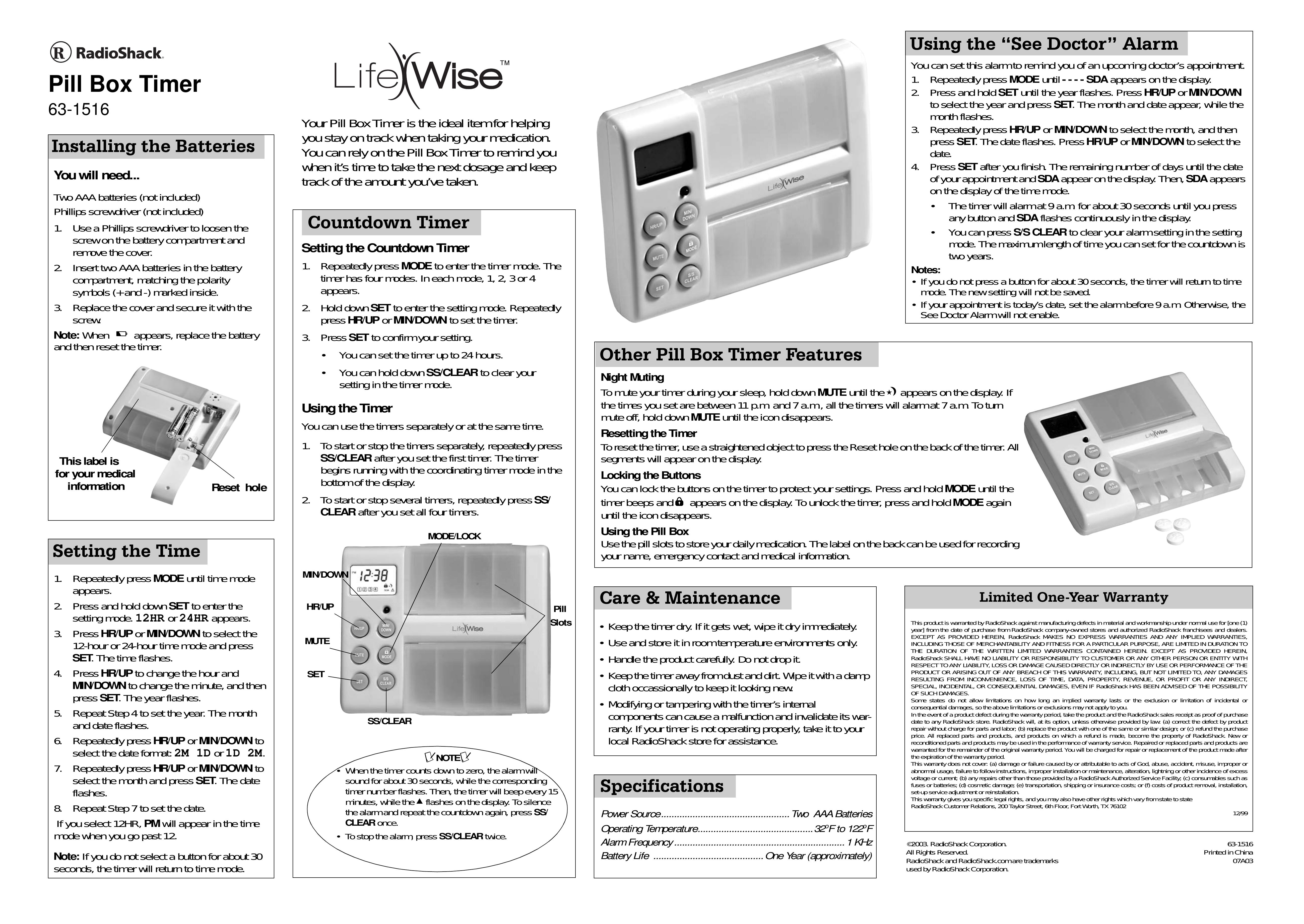 Radio Shack 63-1516 Pill Reminder Device User Manual