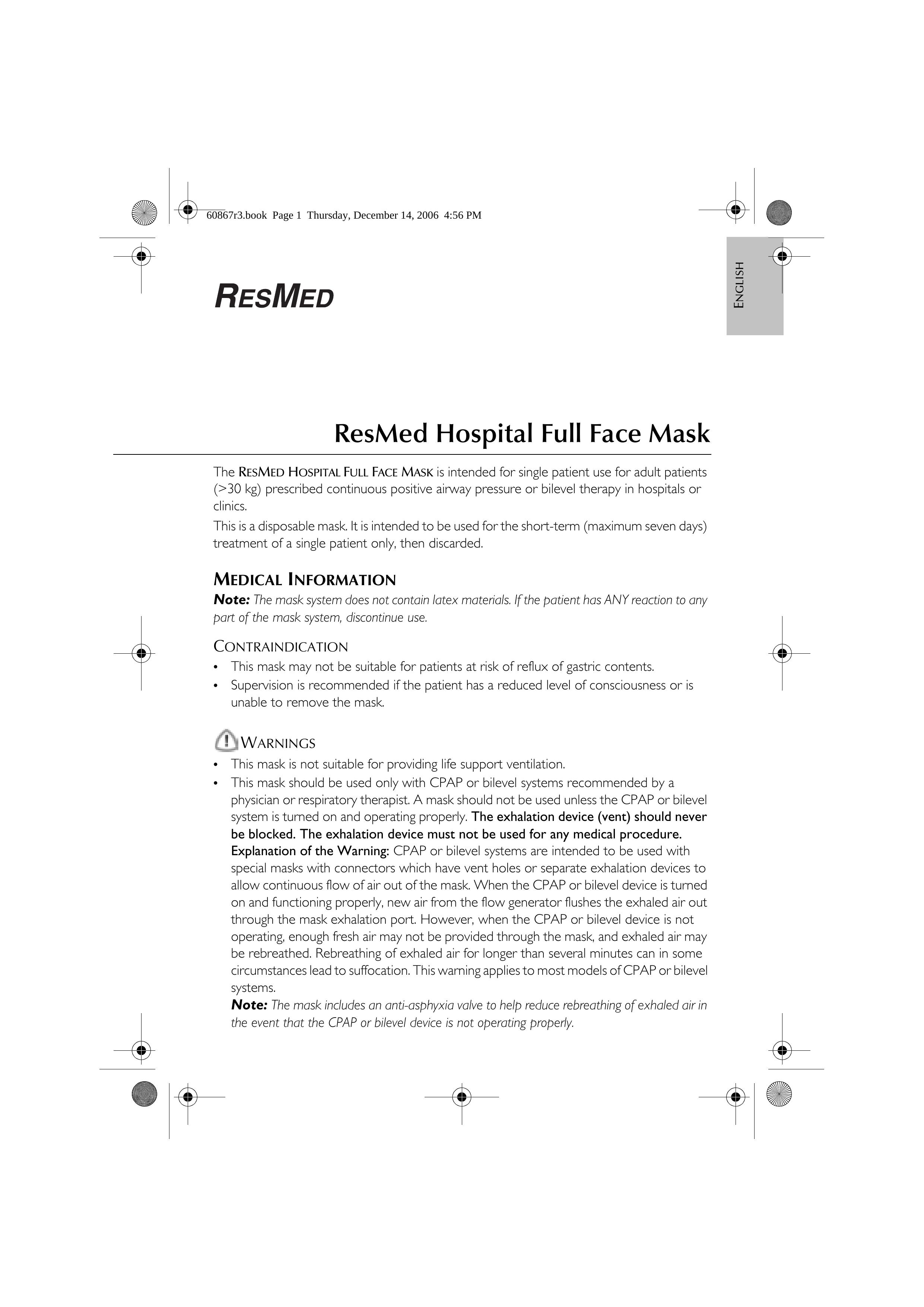 ResMed Hospital Full Face Mask Respiratory Product User Manual