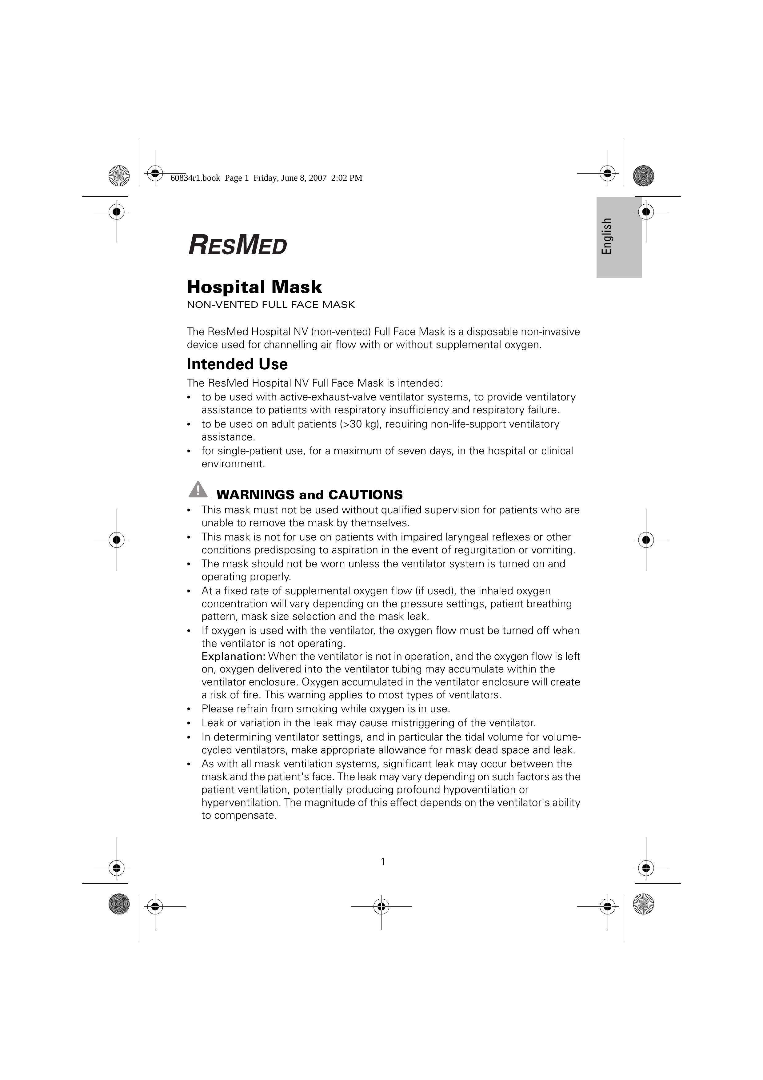 ResMed Hospital Mask Respiratory Product User Manual
