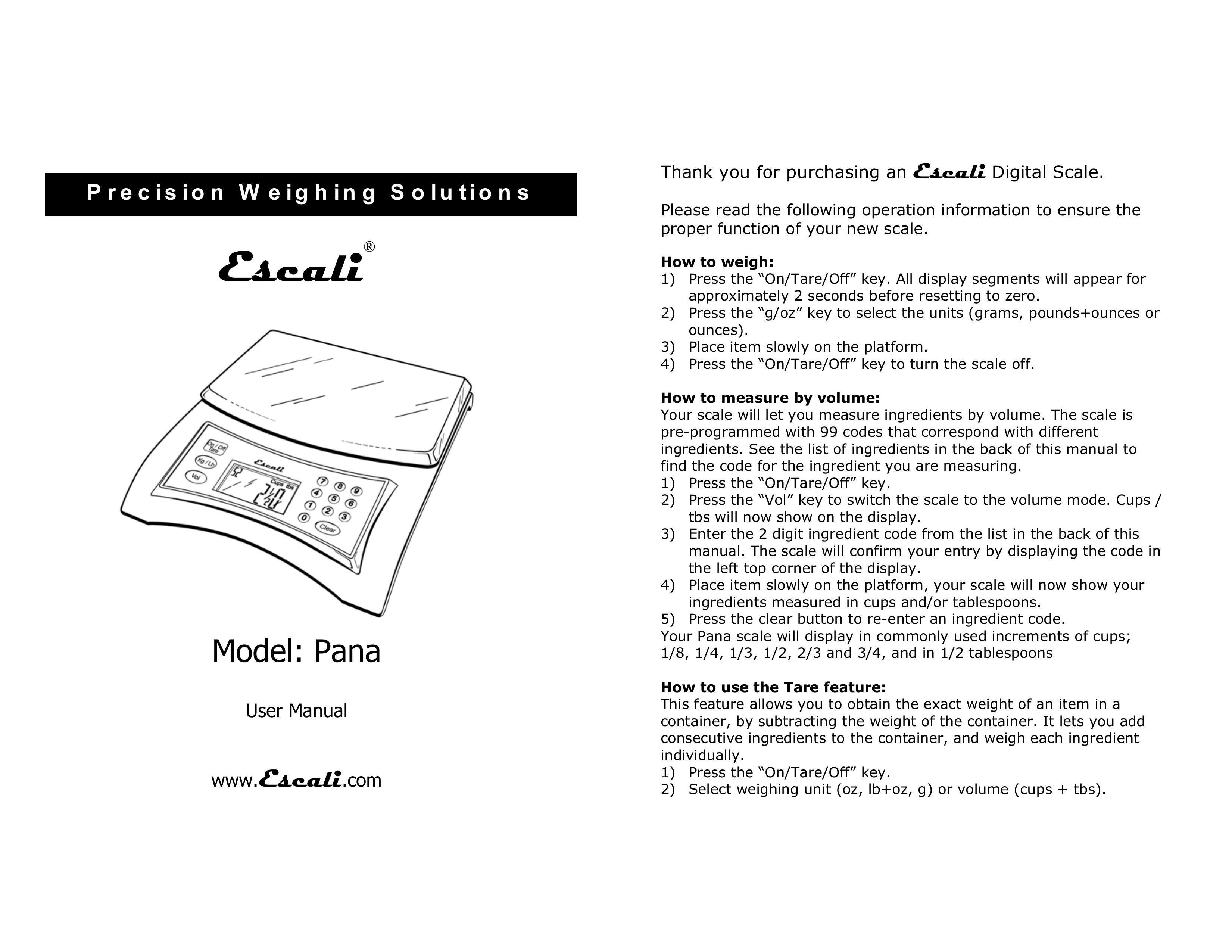 Escali Pana Scale User Manual