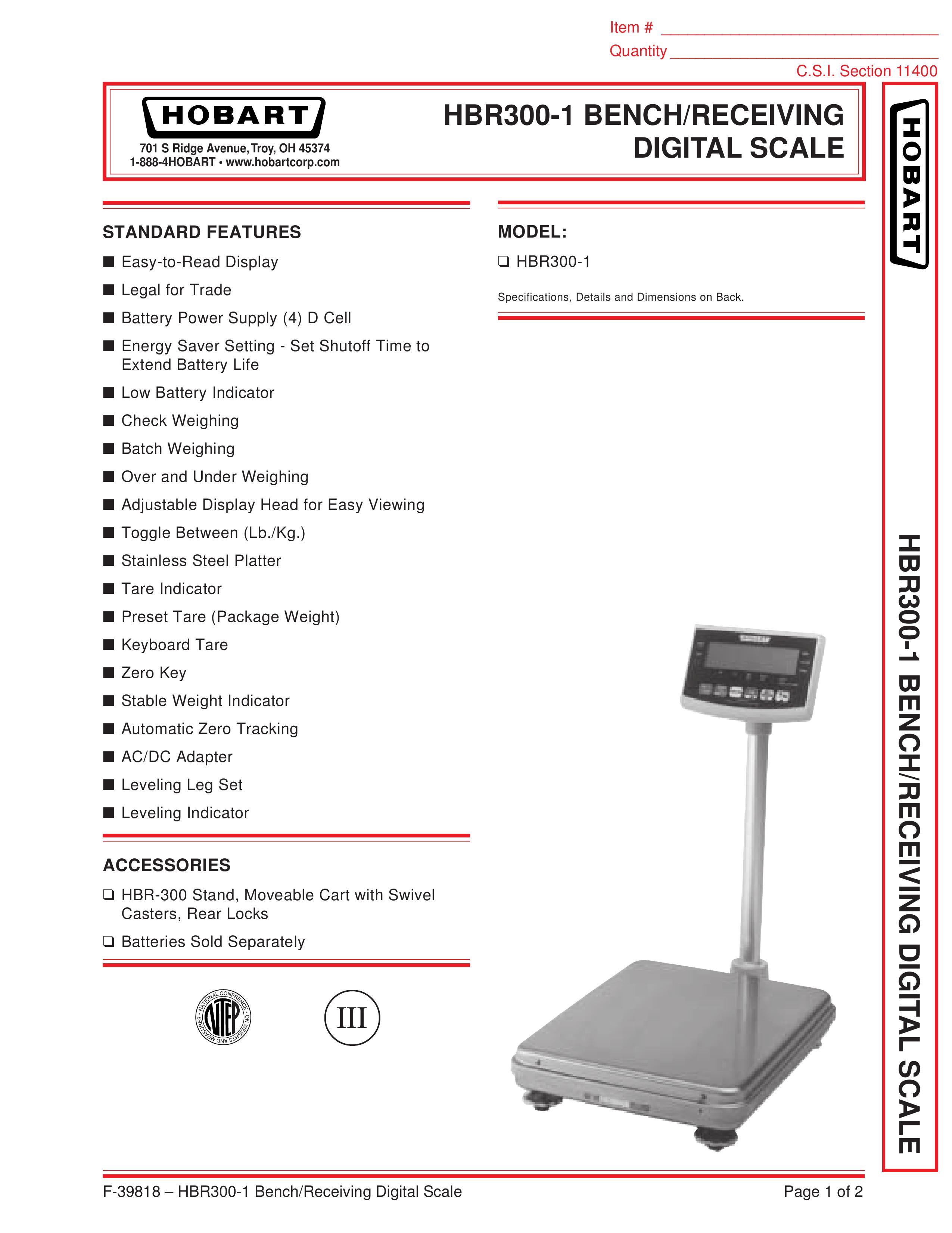Hobart HBR300-1 Scale User Manual